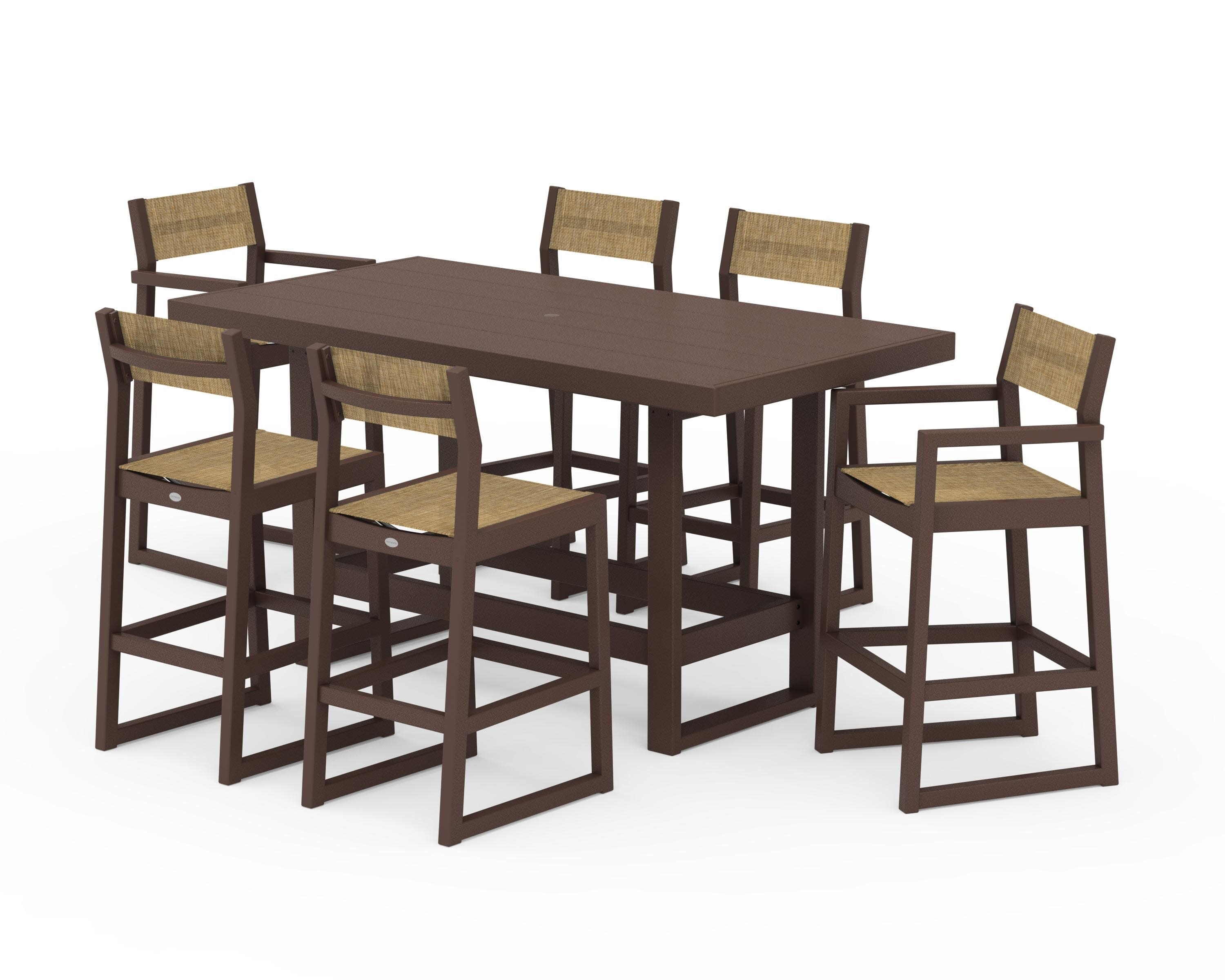 EDGE Sling 7-Piece Bar Table Set in Mahogany / Burlap Sling