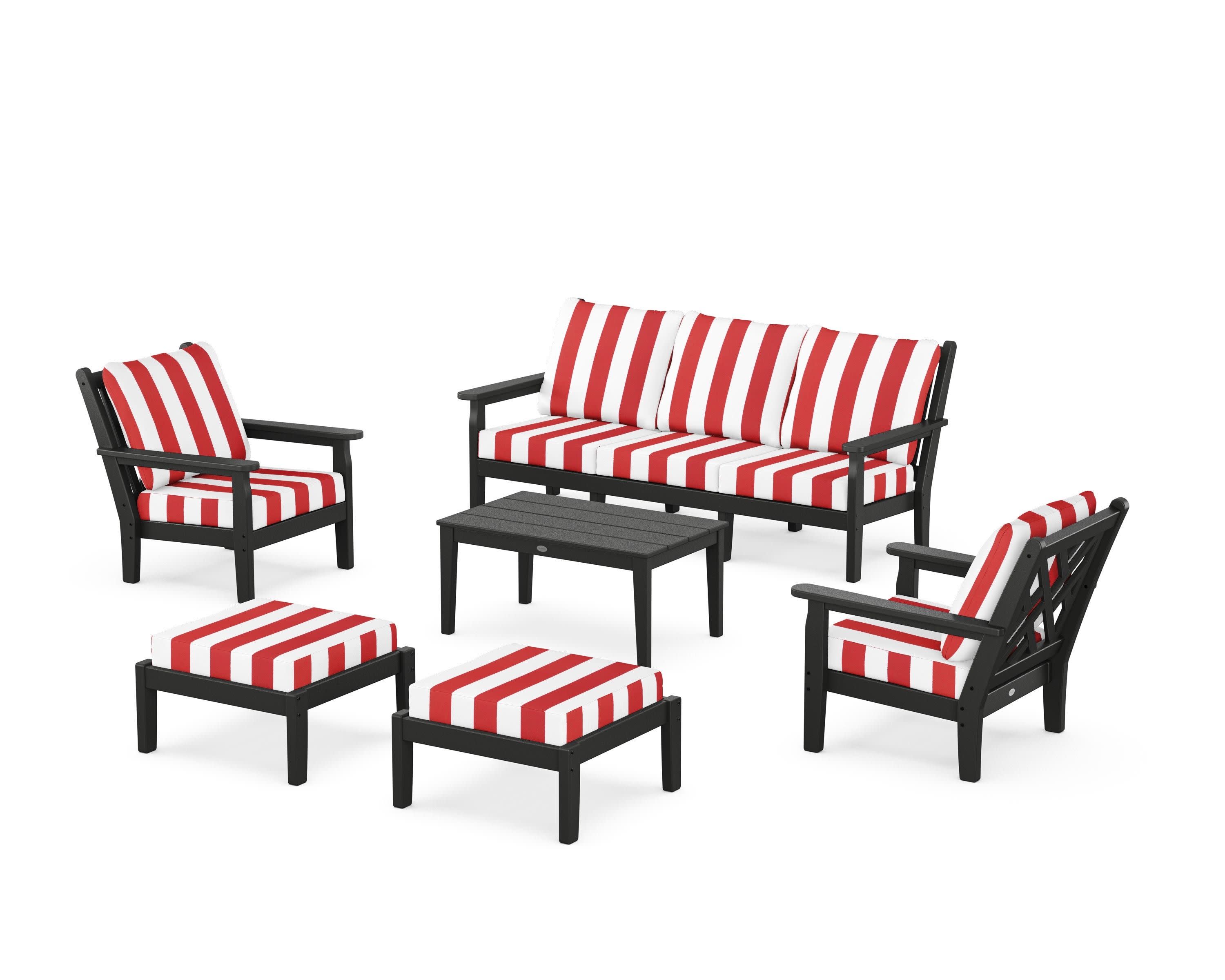 Chippendale 6-Piece Lounge Sofa Set in Black / Cabana Stripe Crimson