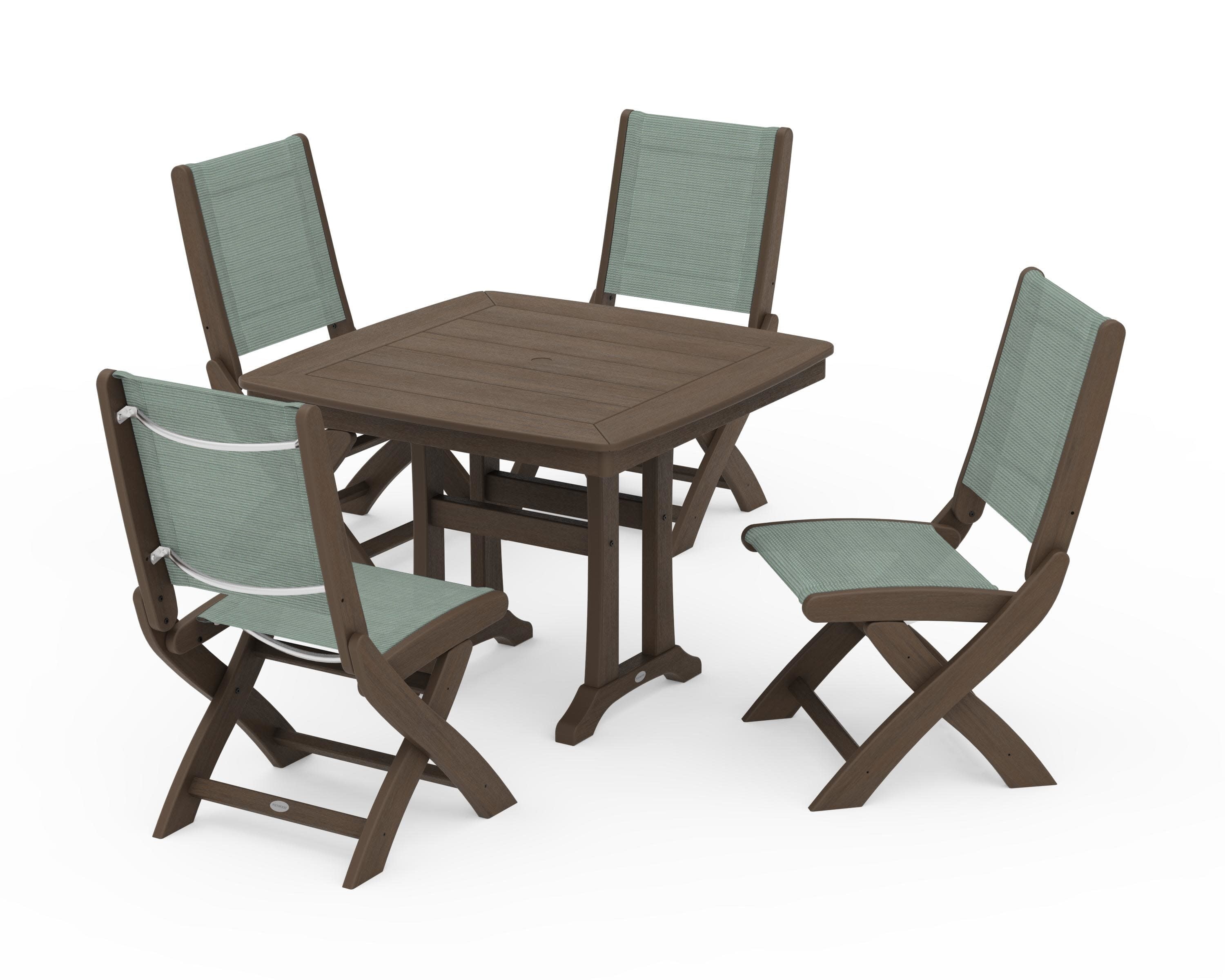 Coastal Folding Side Chair 5-Piece Dining Set with Trestle Legs in Kona / Dupioni Sea Mist Sling