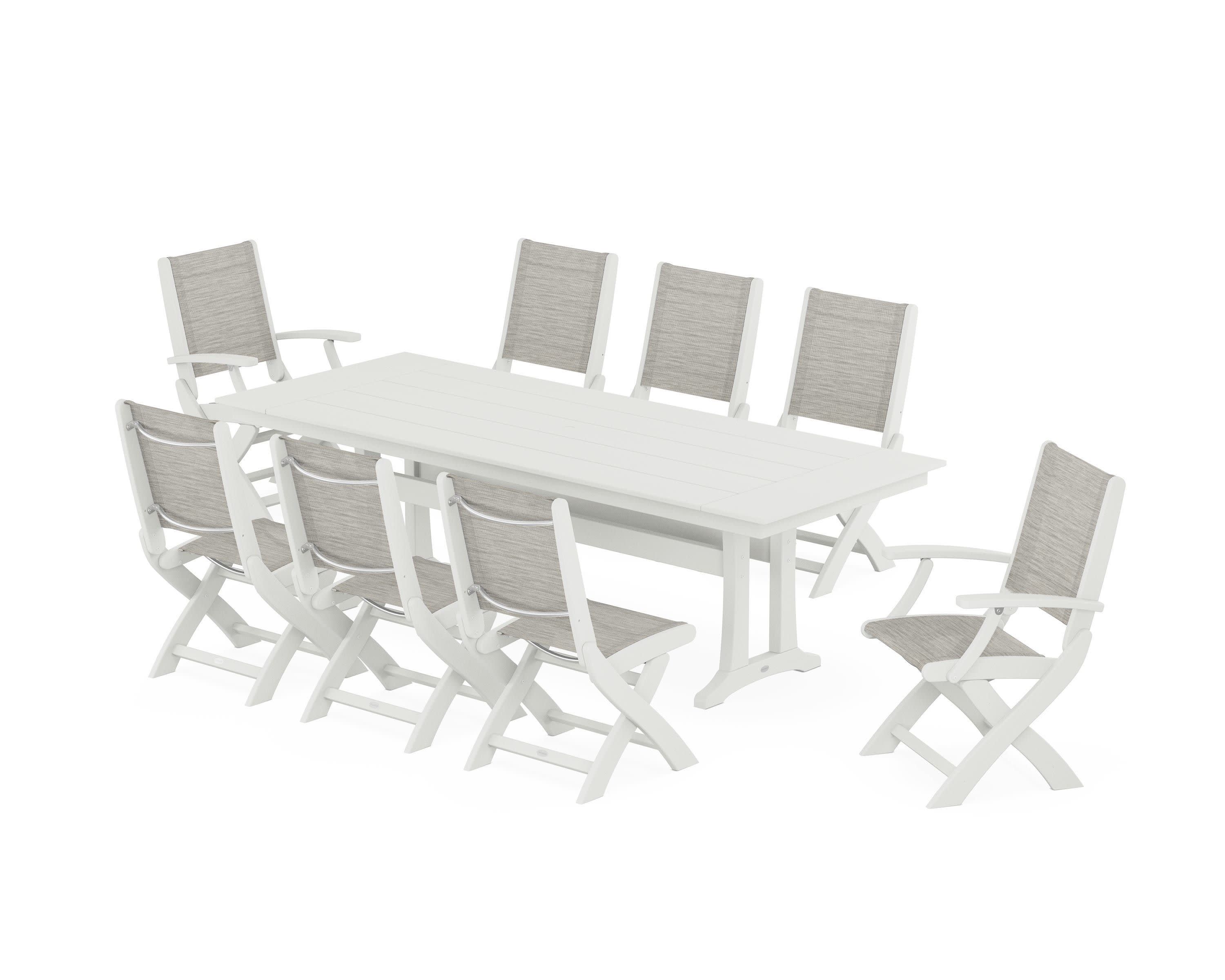 Coastal 9-Piece Folding Dining Chair Farmhouse Dining Set with Trestle Legs in Vintage White / Birch Sling