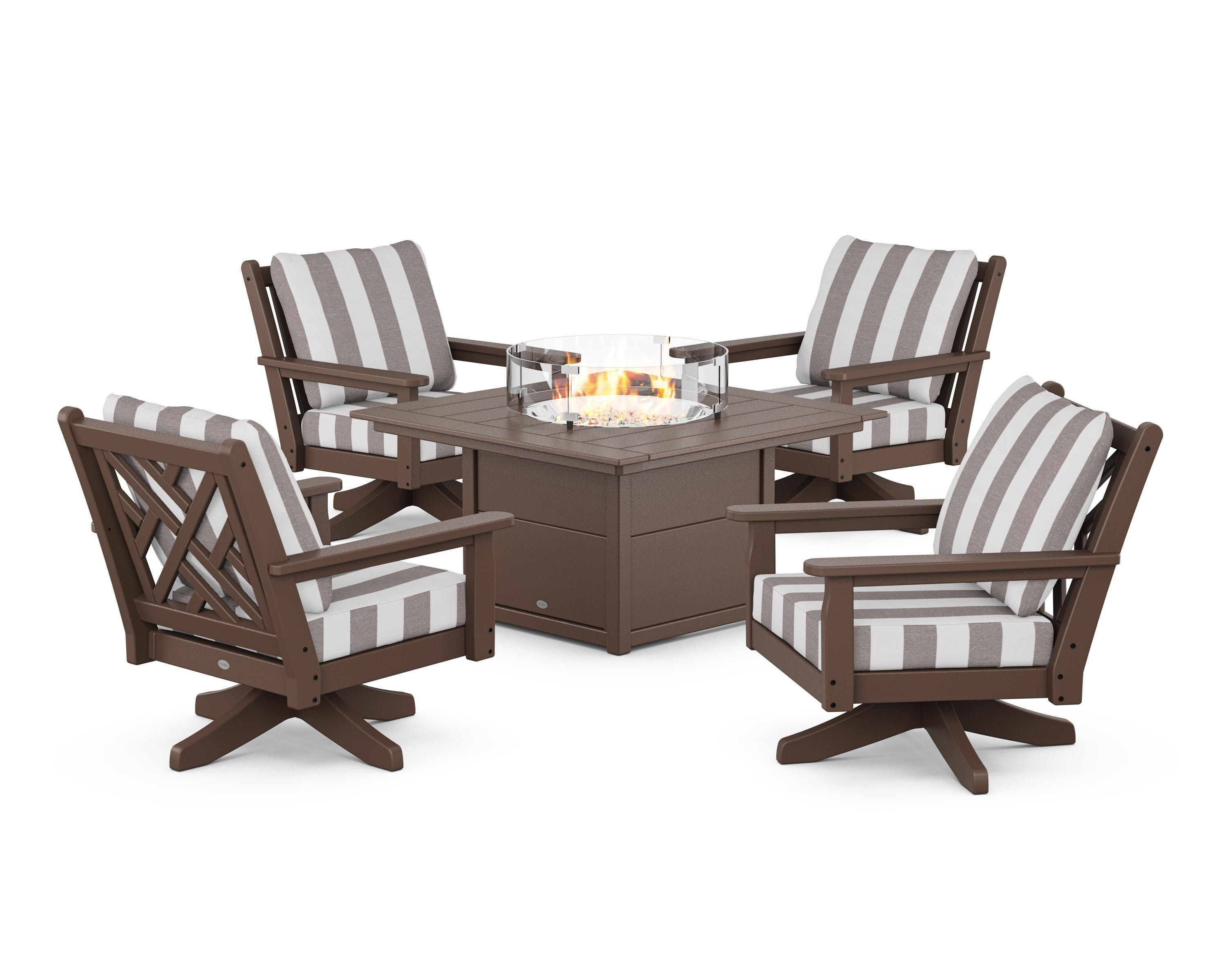 Chippendale 5-Piece Deep Seating Swivel Conversation Set with Fire Pit Table in Mahogany / Cabana Stripe Grey Mist