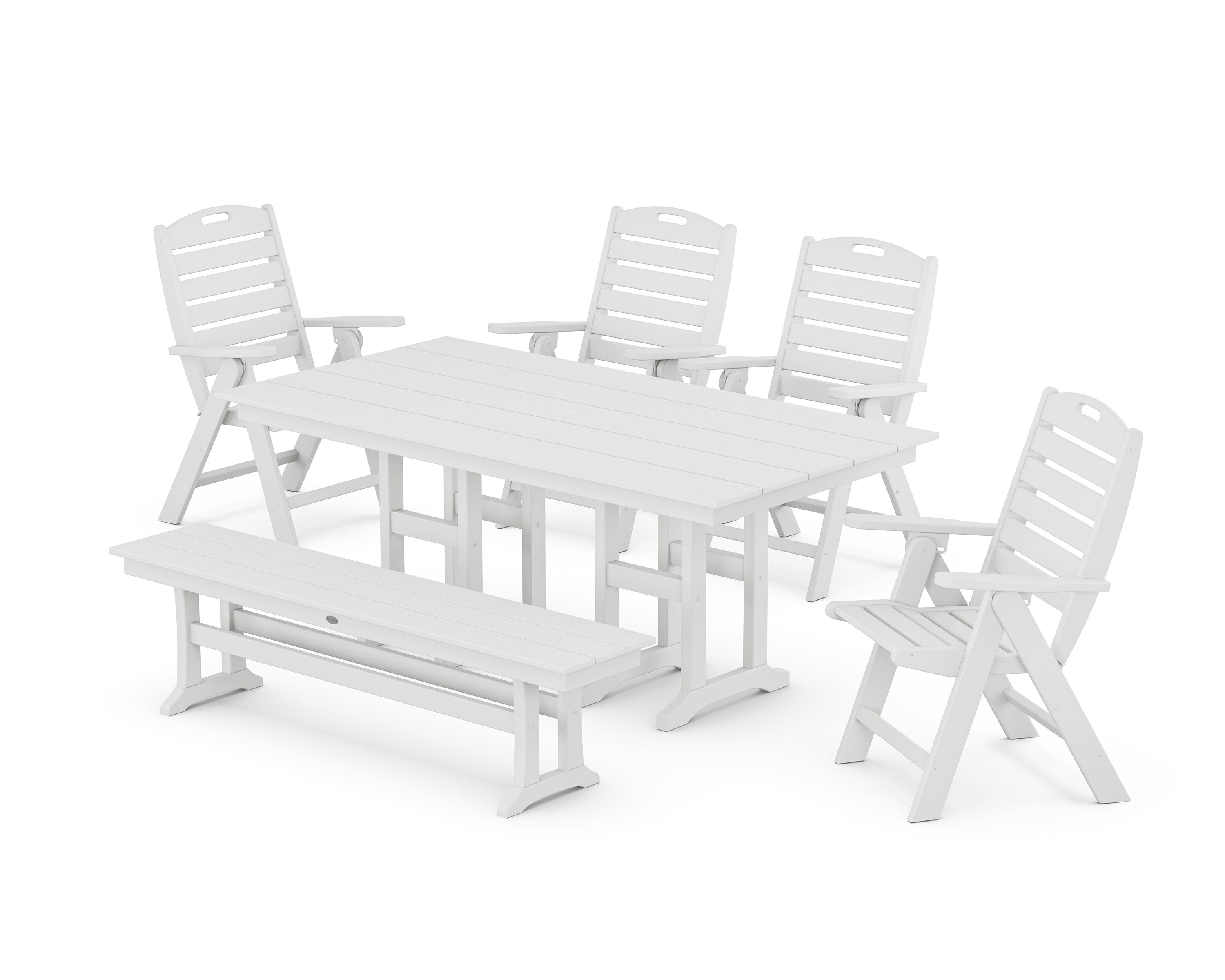 Nautical Highback 6-Piece Farmhouse Dining Set with Bench in White