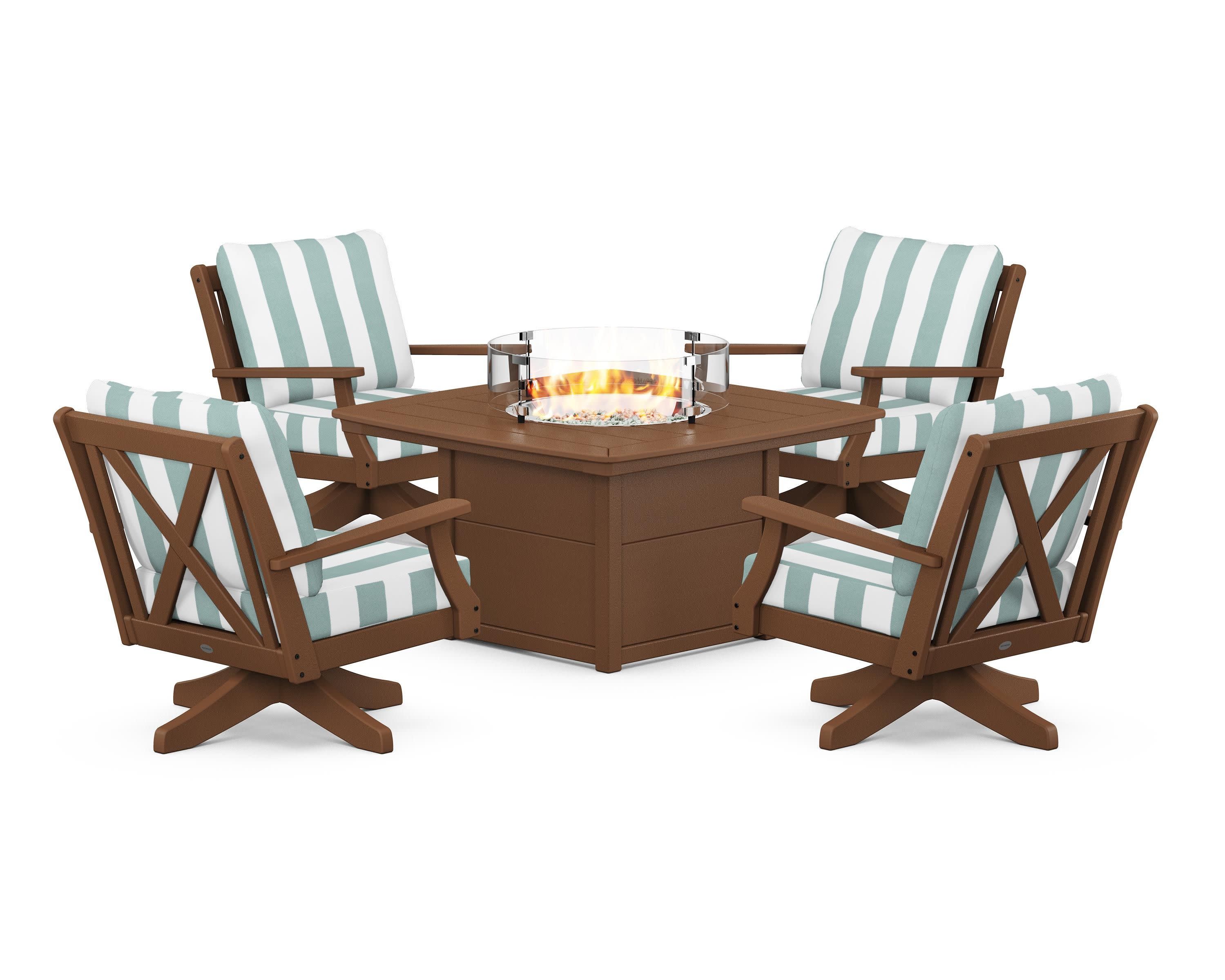 Braxton 5-Piece Deep Seating Swivel Conversation Set with Fire Pit Table in Teak / Cabana Stripe Glacier Spa