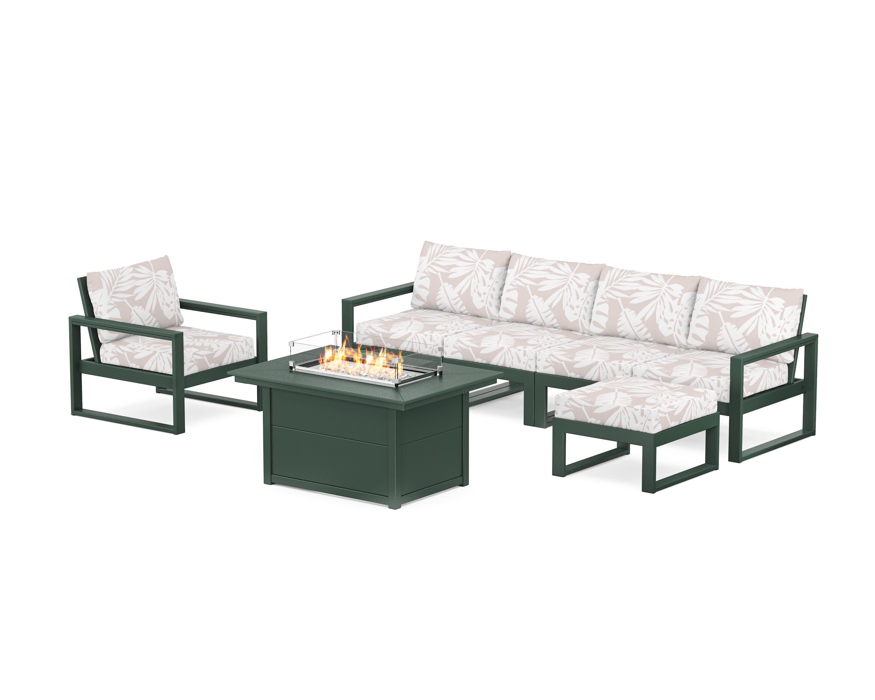 EDGE Sectional Lounge and Fire Pit Set in Green / Leaf Dune Burlap