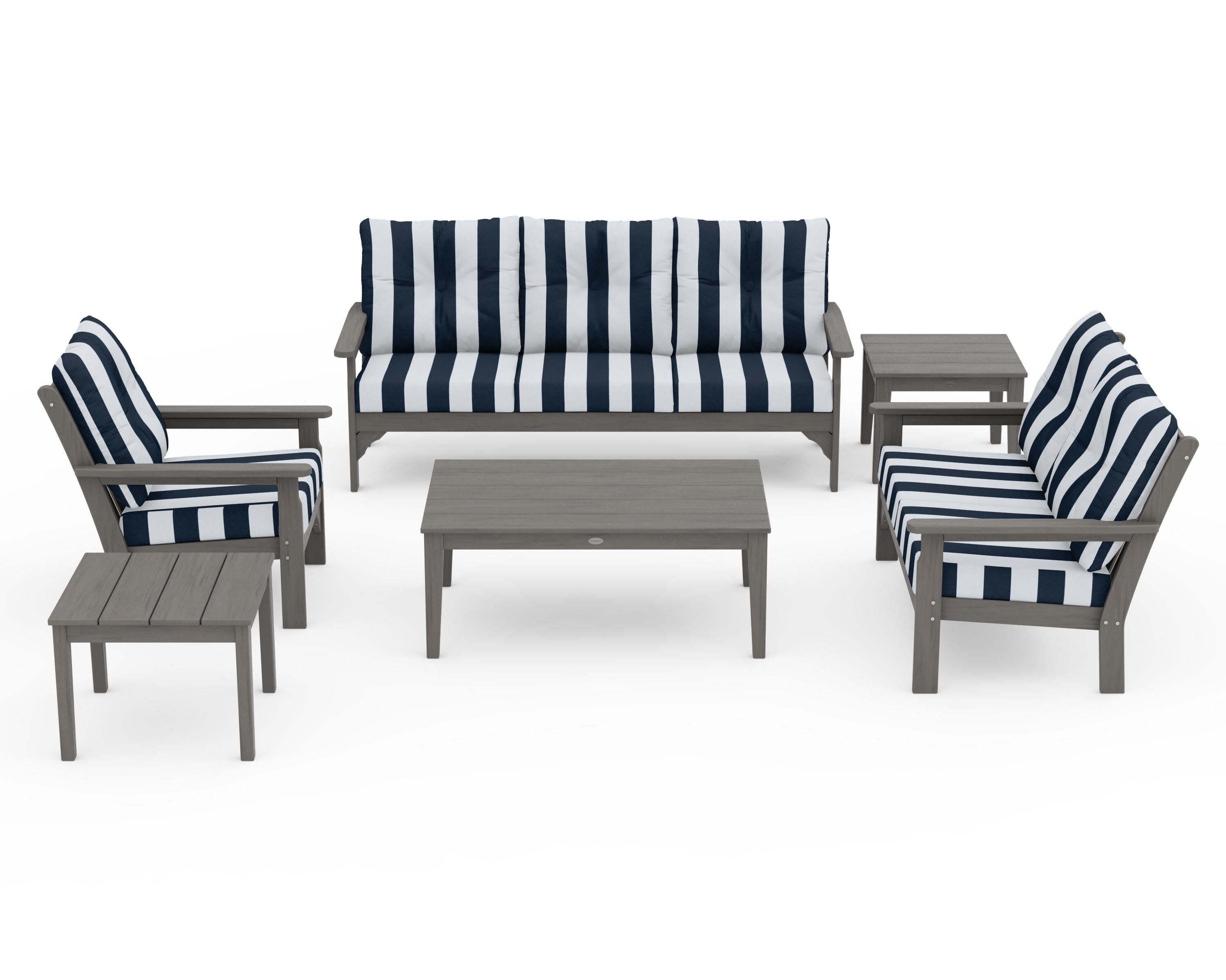 Vineyard 6-Piece Deep Seating Set in Driftwood / Cabana Stripe Marine Indigo