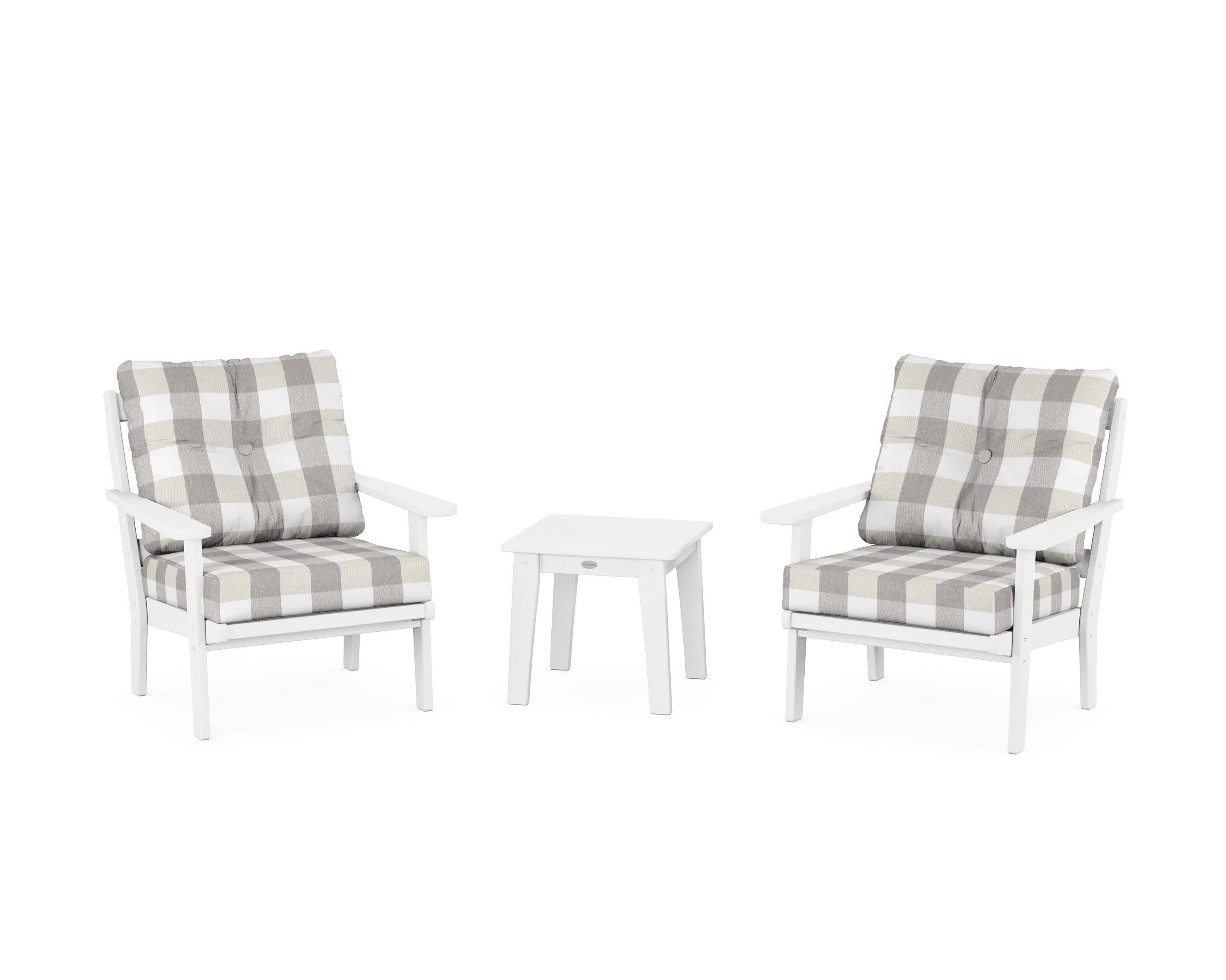 Mission 3-Piece Deep Seating Set in White / Buffalo Plaid Grey Mist