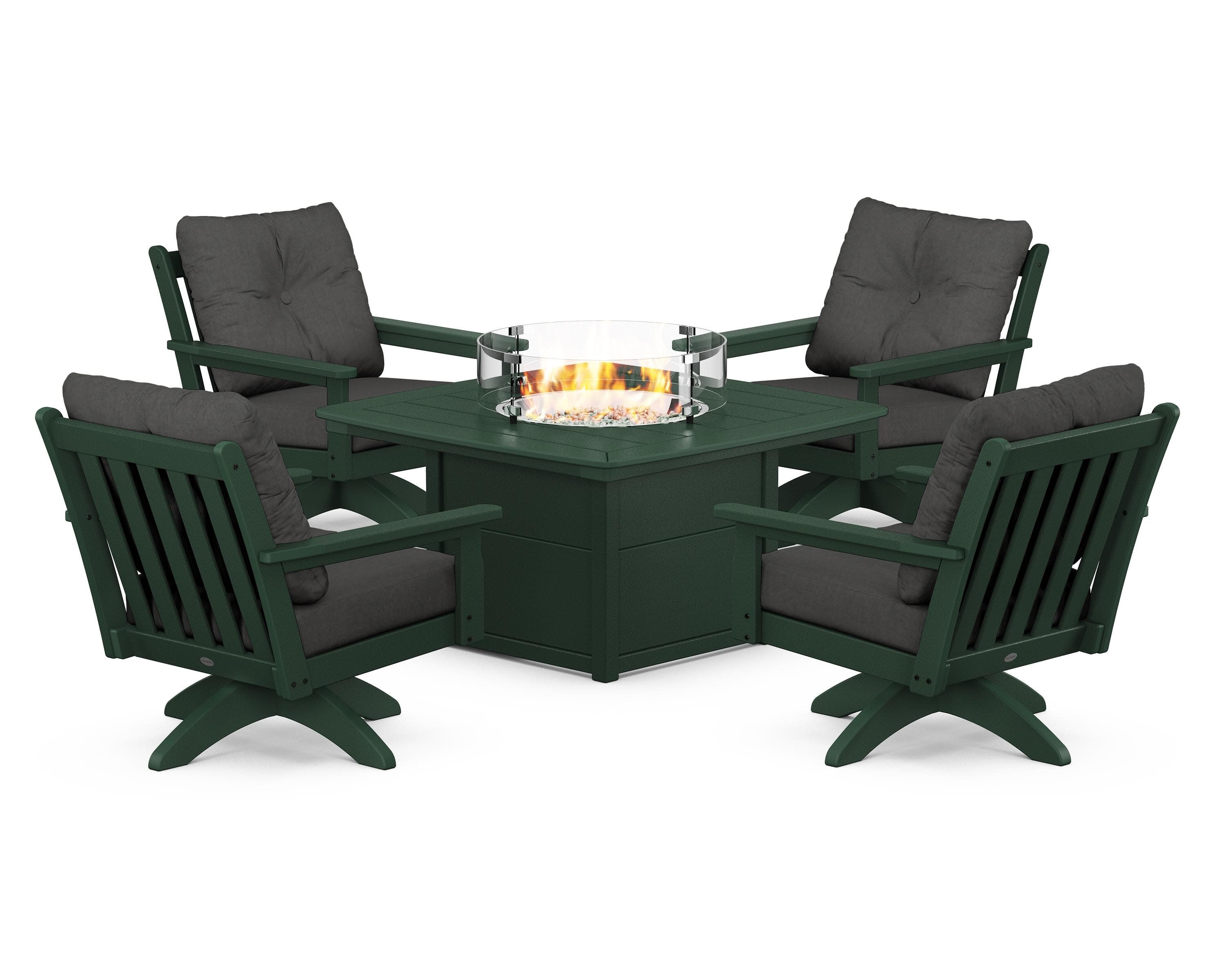 Vineyard 5-Piece Deep Seating Swivel Conversation Set with Fire Pit Table in Green / Spectrum Carbon
