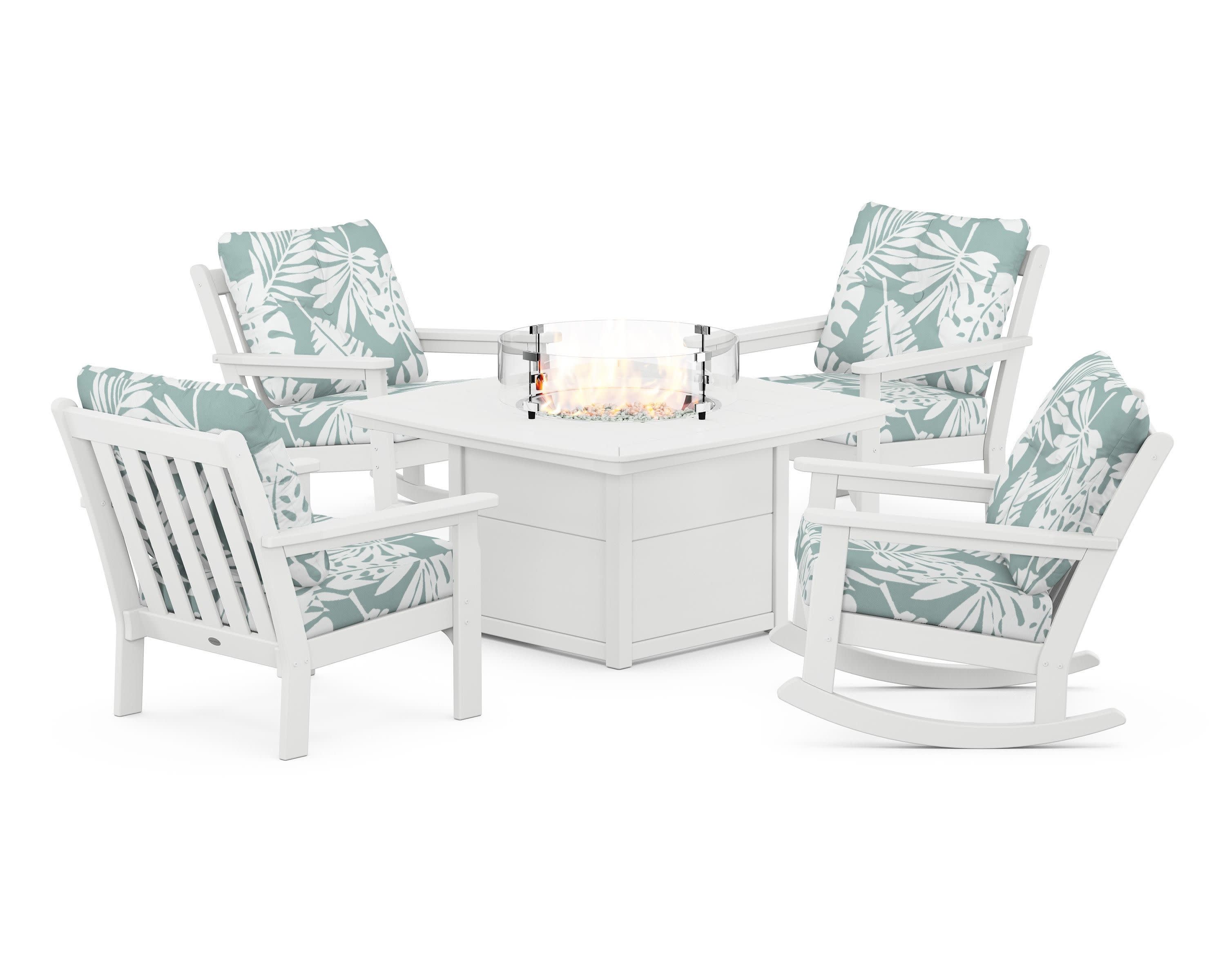 Vineyard 5-Piece Deep Seating Rocking Chair Conversation Set with Fire Pit Table in White / Leaf Glacier Spa