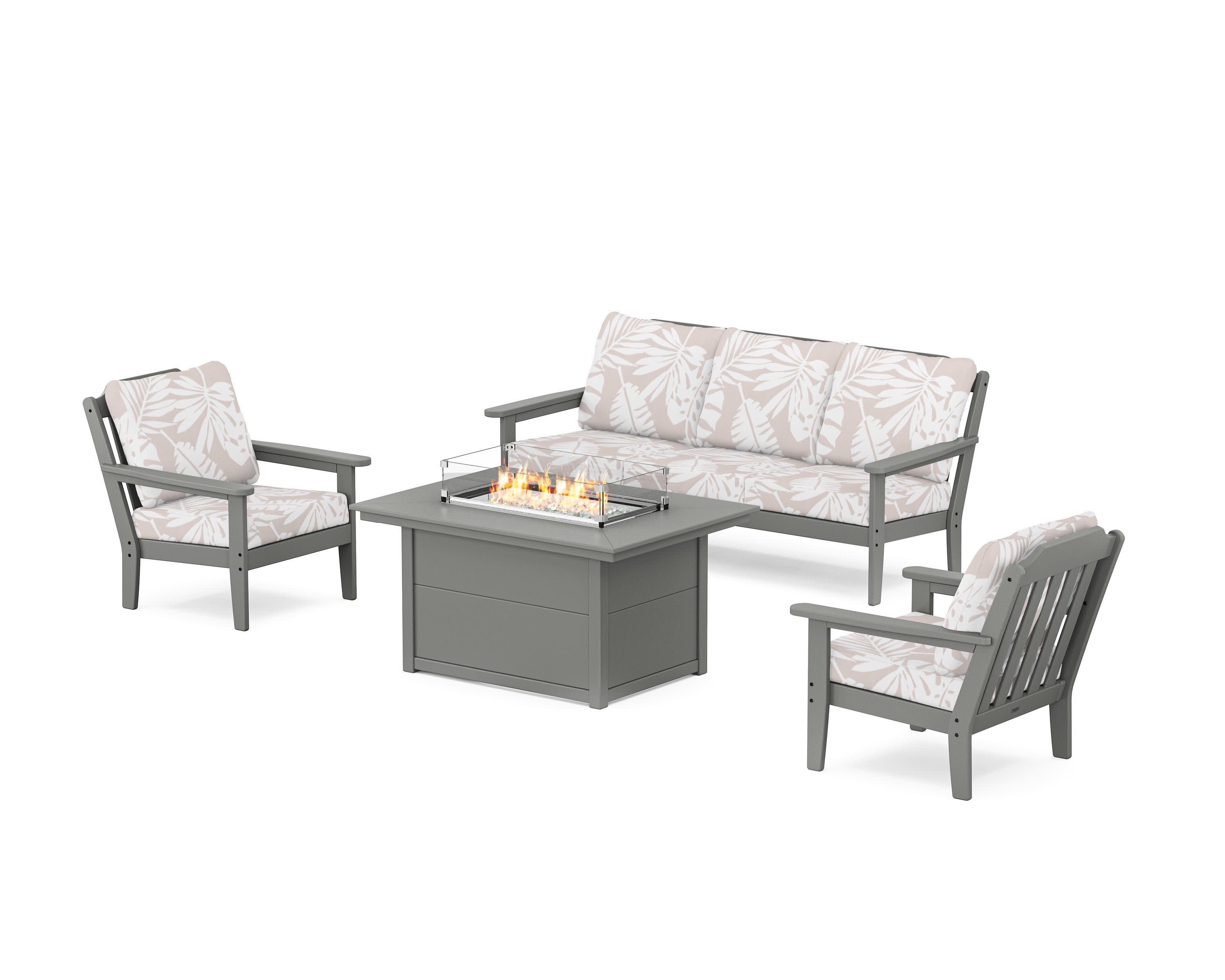 Cottage Deep Seating Fire Pit Table Set in Slate Grey / Leaf Dune Burlap