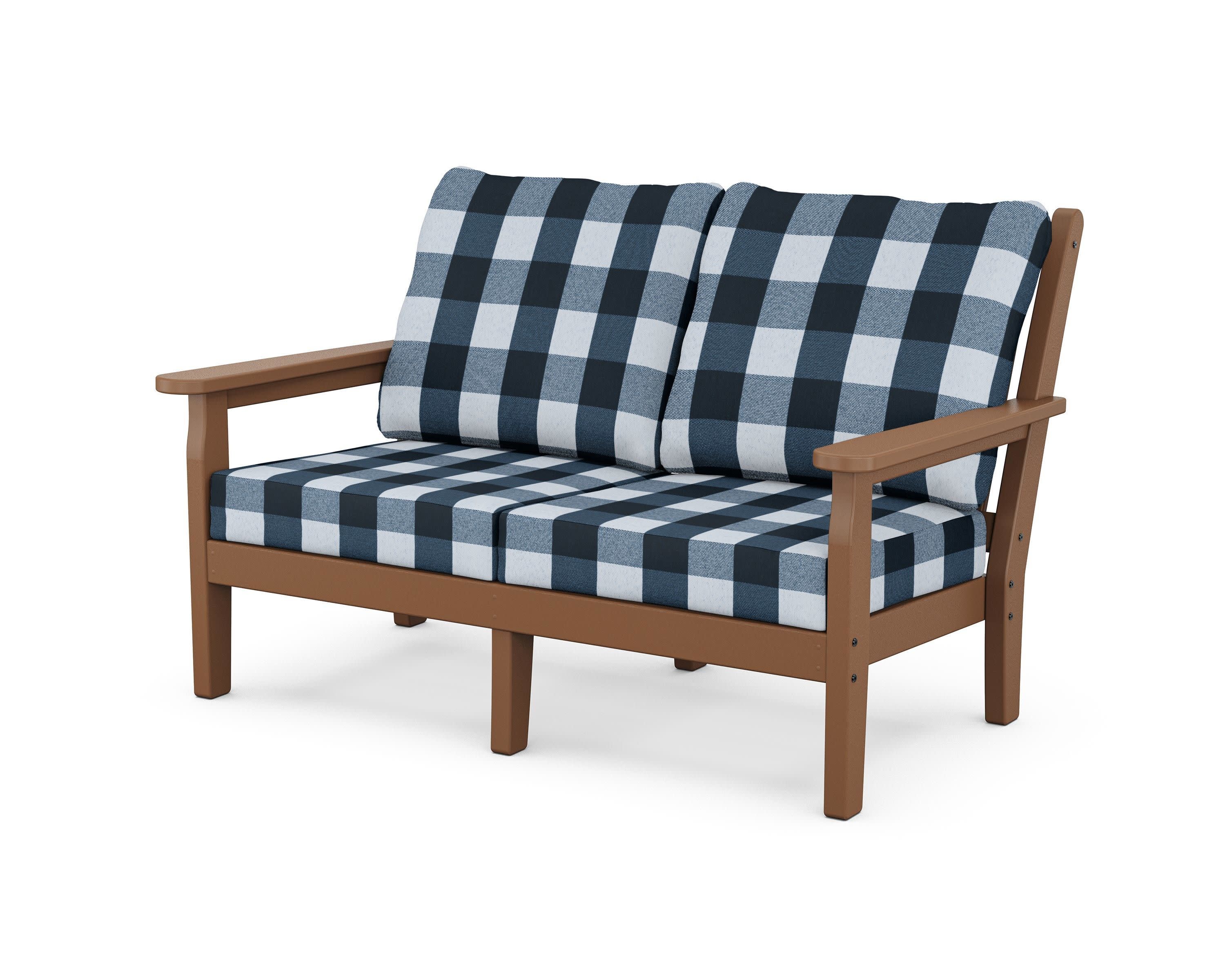 Chippendale Deep Seating Loveseat in Teak / Buffalo Plaid Marine Indigo
