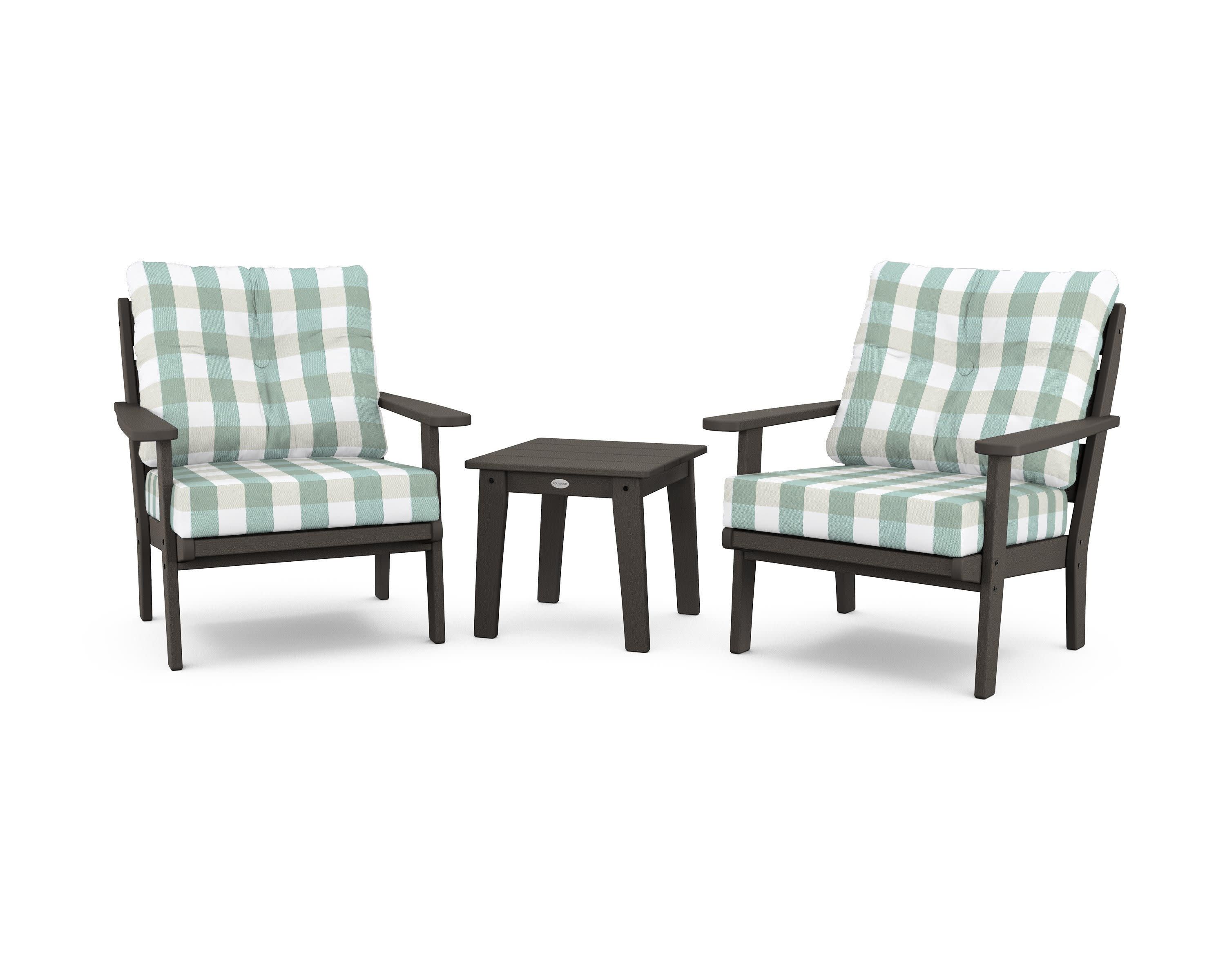 Lakeside 3-Piece Deep Seating Chair Set in Vintage Coffee / Buffalo Plaid Glacier Spa