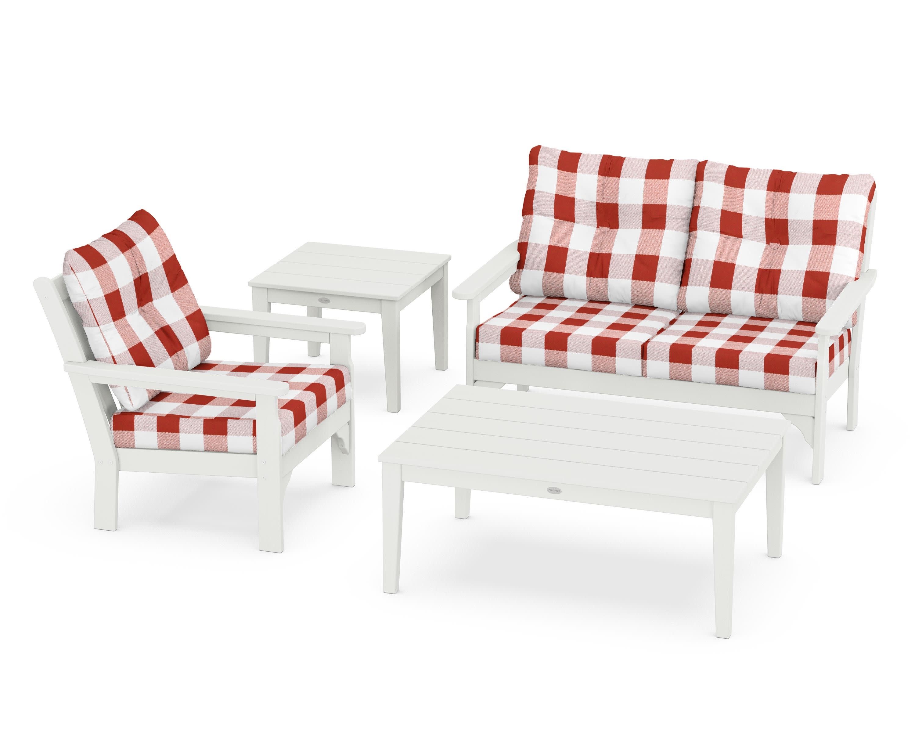 Vineyard 4-Piece Deep Seating Set in Vintage White / Buffalo Plaid Crimson