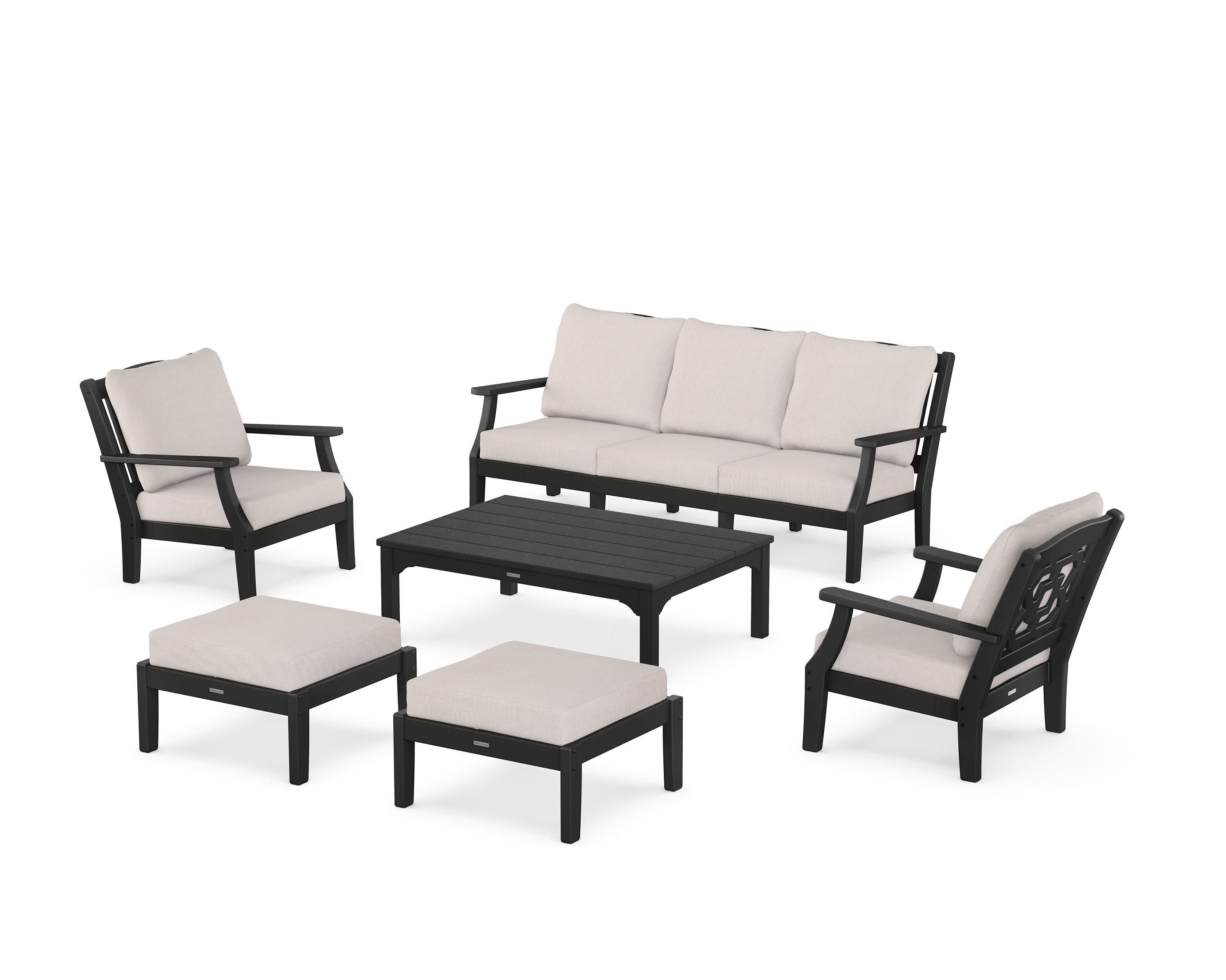 Chinoiserie 6-Piece Lounge Sofa Set in Black / Dune Burlap