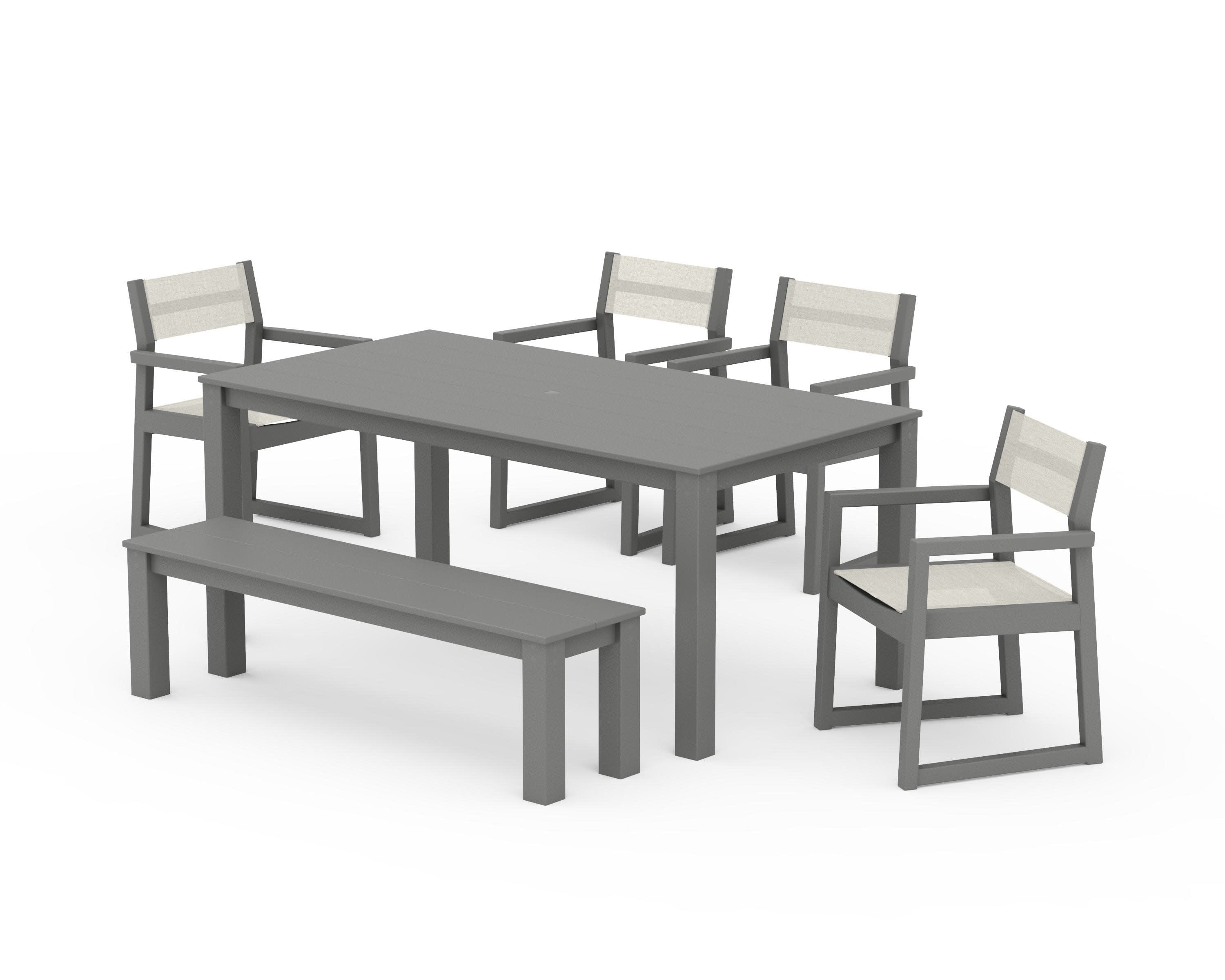 EDGE Sling Arm Chair 6-Piece Parsons Dining Set with Bench in Slate Grey / Parchment Sling