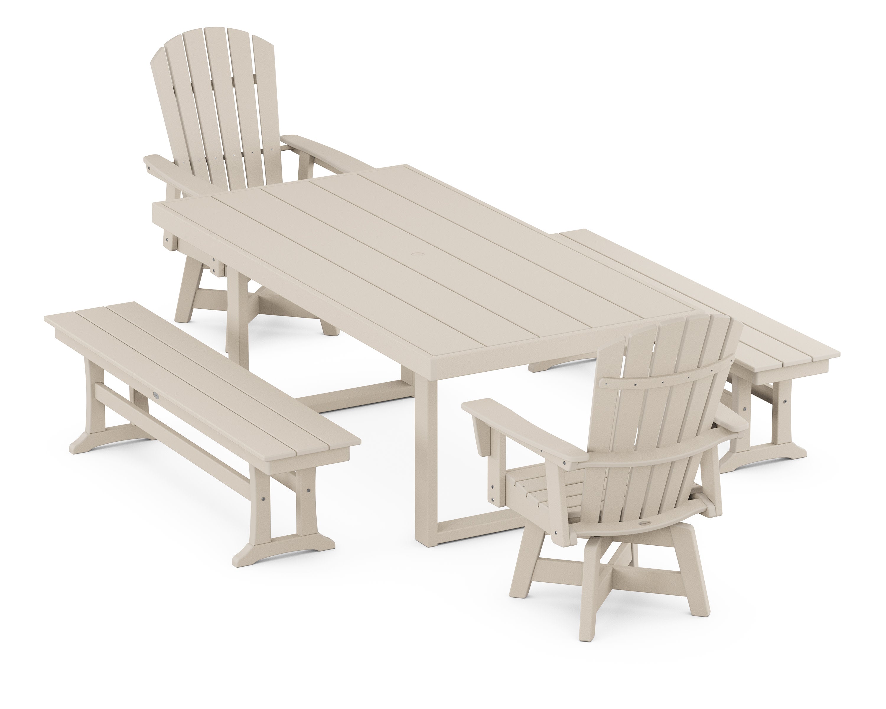 Nautical Curveback Adirondack Swivel Chair 5-Piece Dining Set with Benches in Sand