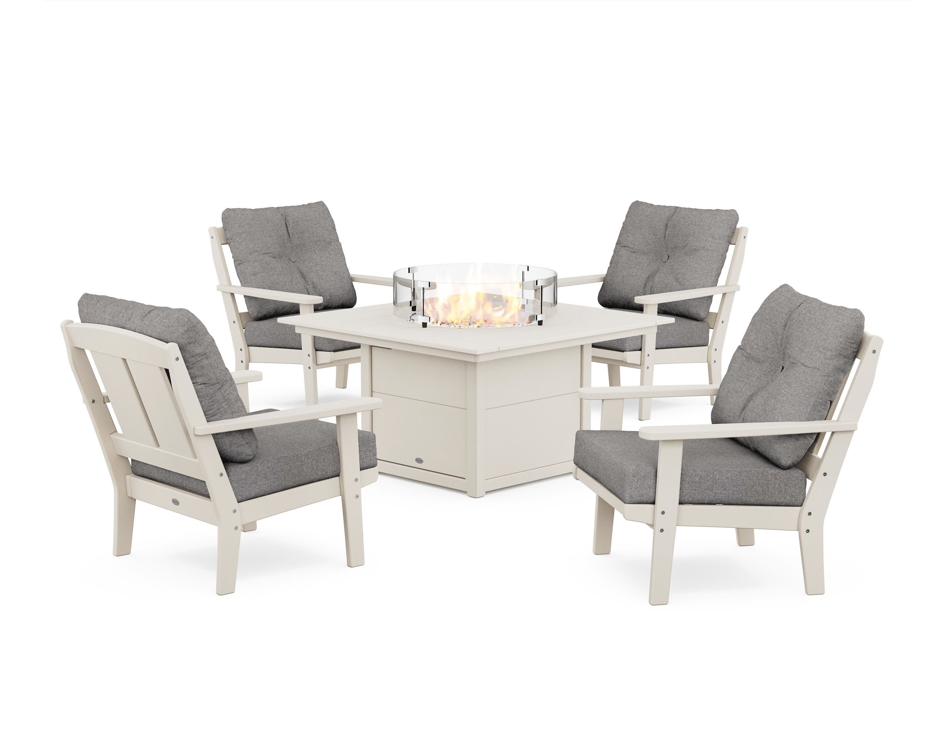 Mission 5-Piece Deep Seating Set with Fire Pit Table in Sand / Grey Mist