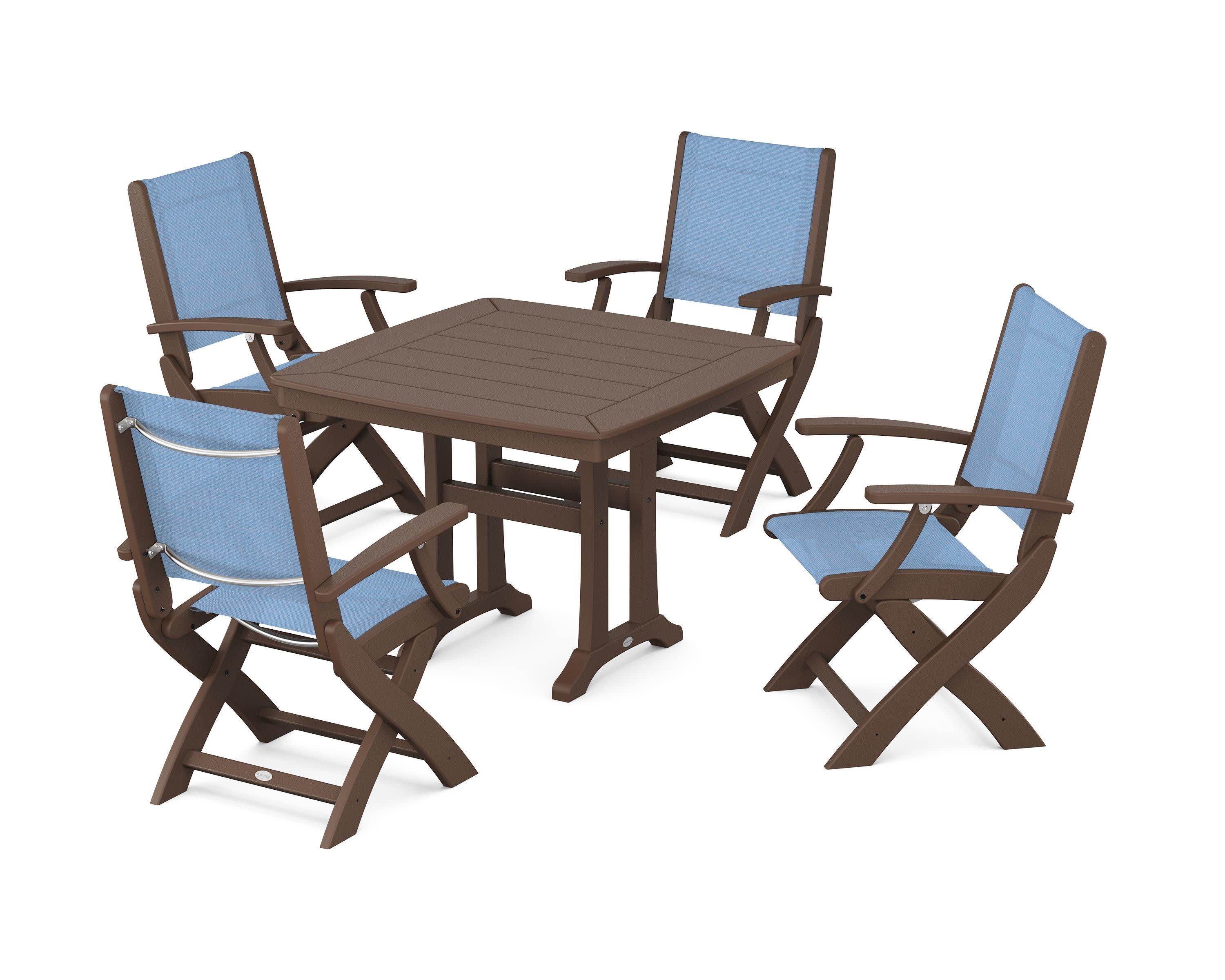 Coastal Folding Chair 5-Piece Dining Set with Trestle Legs in Mahogany / Poolside Sling