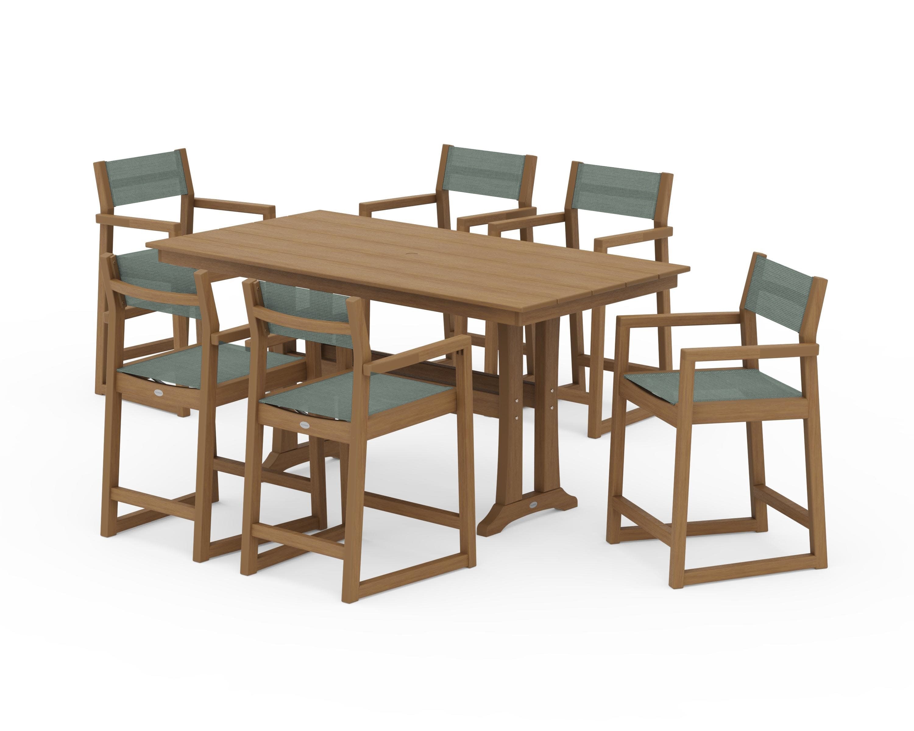 EDGE Sling Arm Chair 7-Piece Farmhouse Counter Set with Trestle Legs in Natural / Dupioni Sea Mist Sling