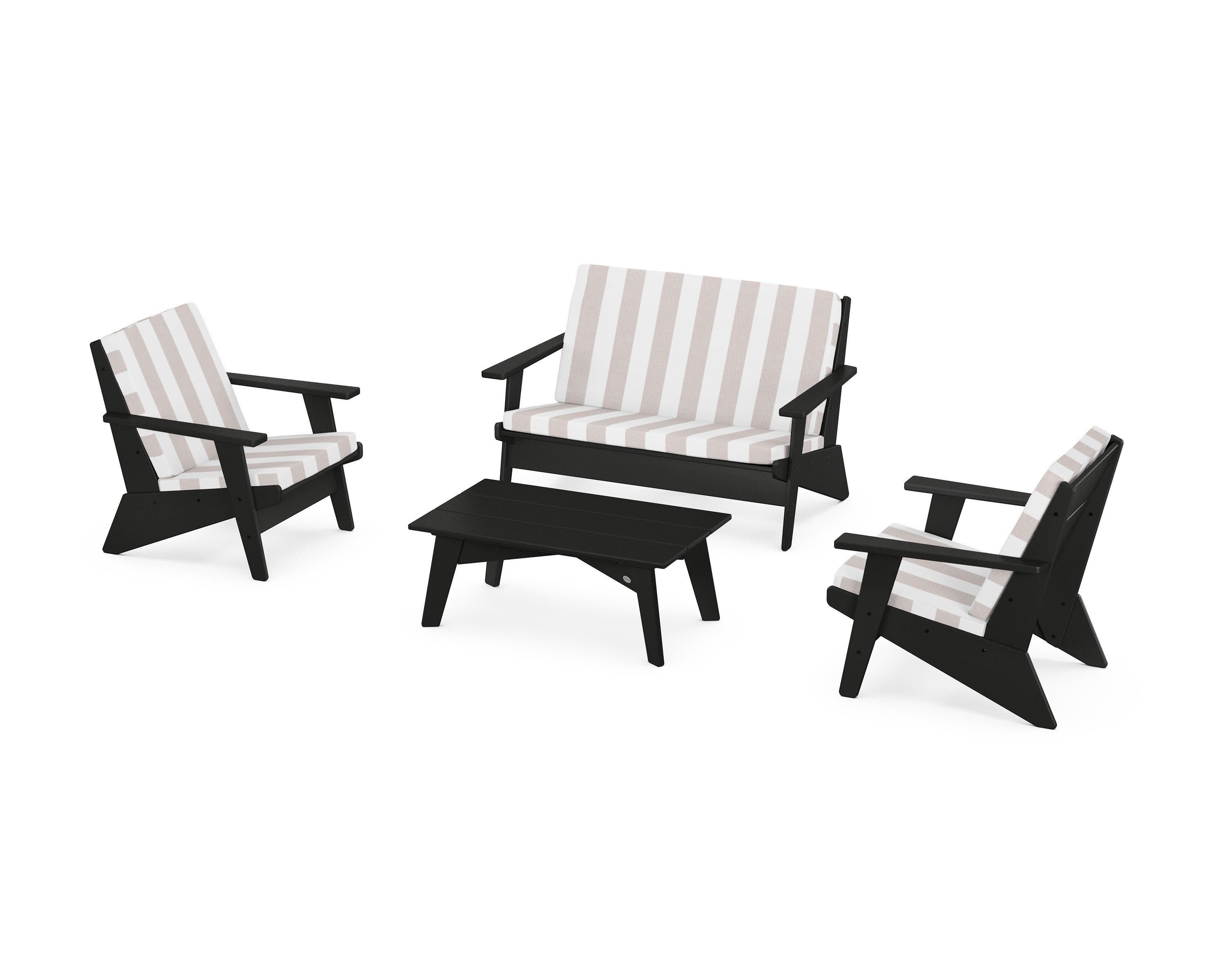 Riviera Modern Lounge 4-Piece Set in Black / Cabana Stripe Dune Burlap