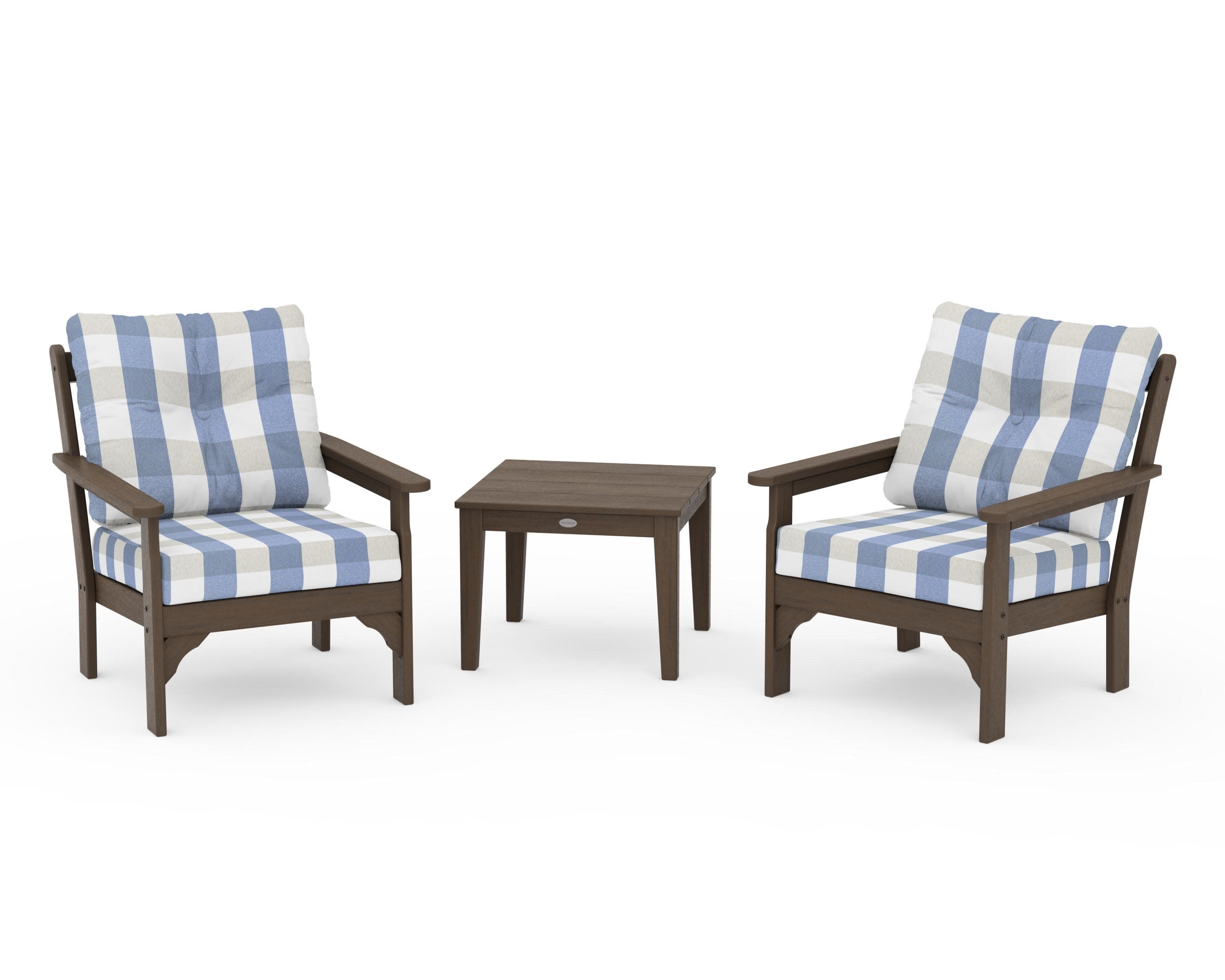 Vineyard 3-Piece Deep Seating Set in Kona / Buffalo Plaid Sky Blue