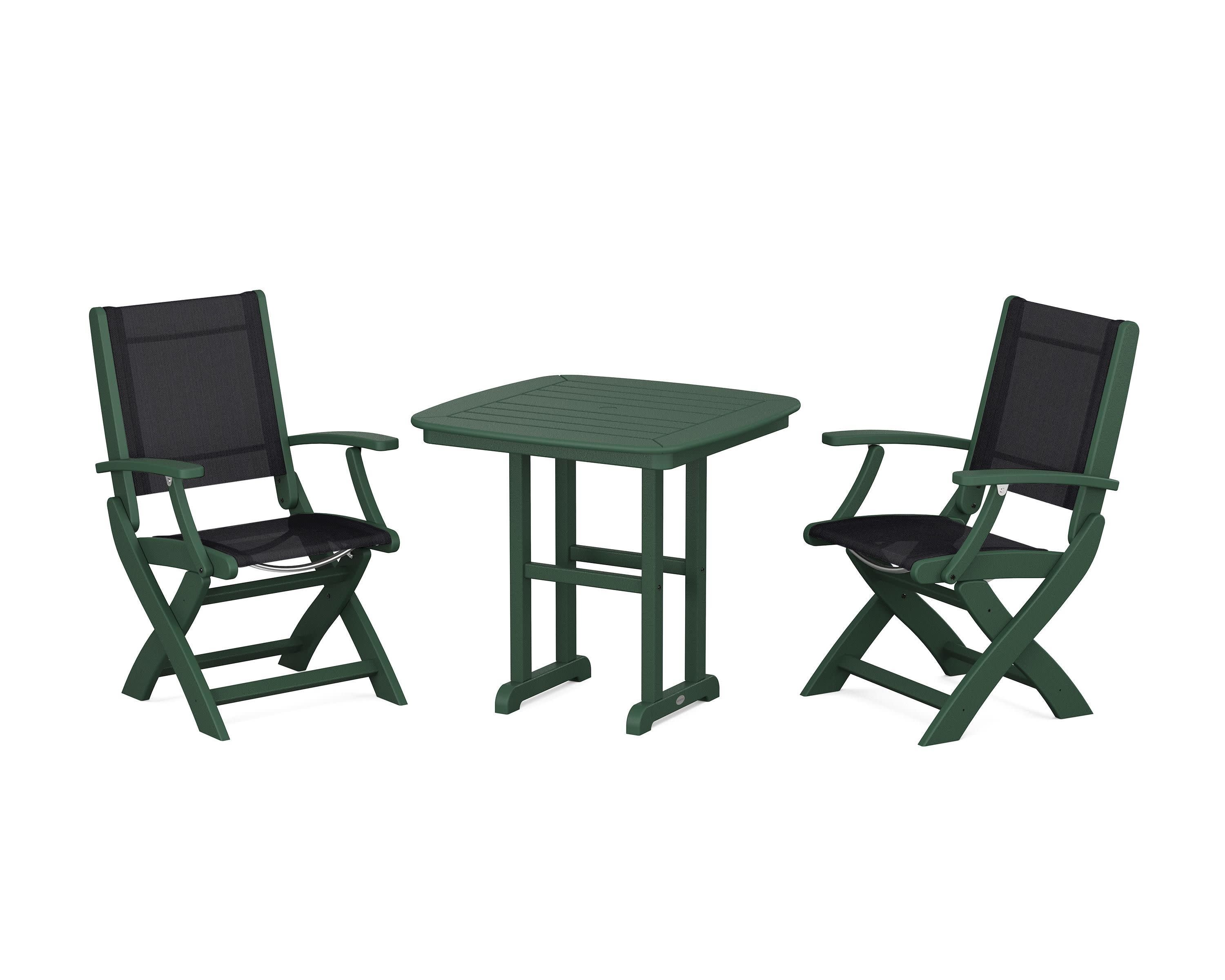 Coastal Folding Chair 3-Piece Dining Set in Green / Black Sling
