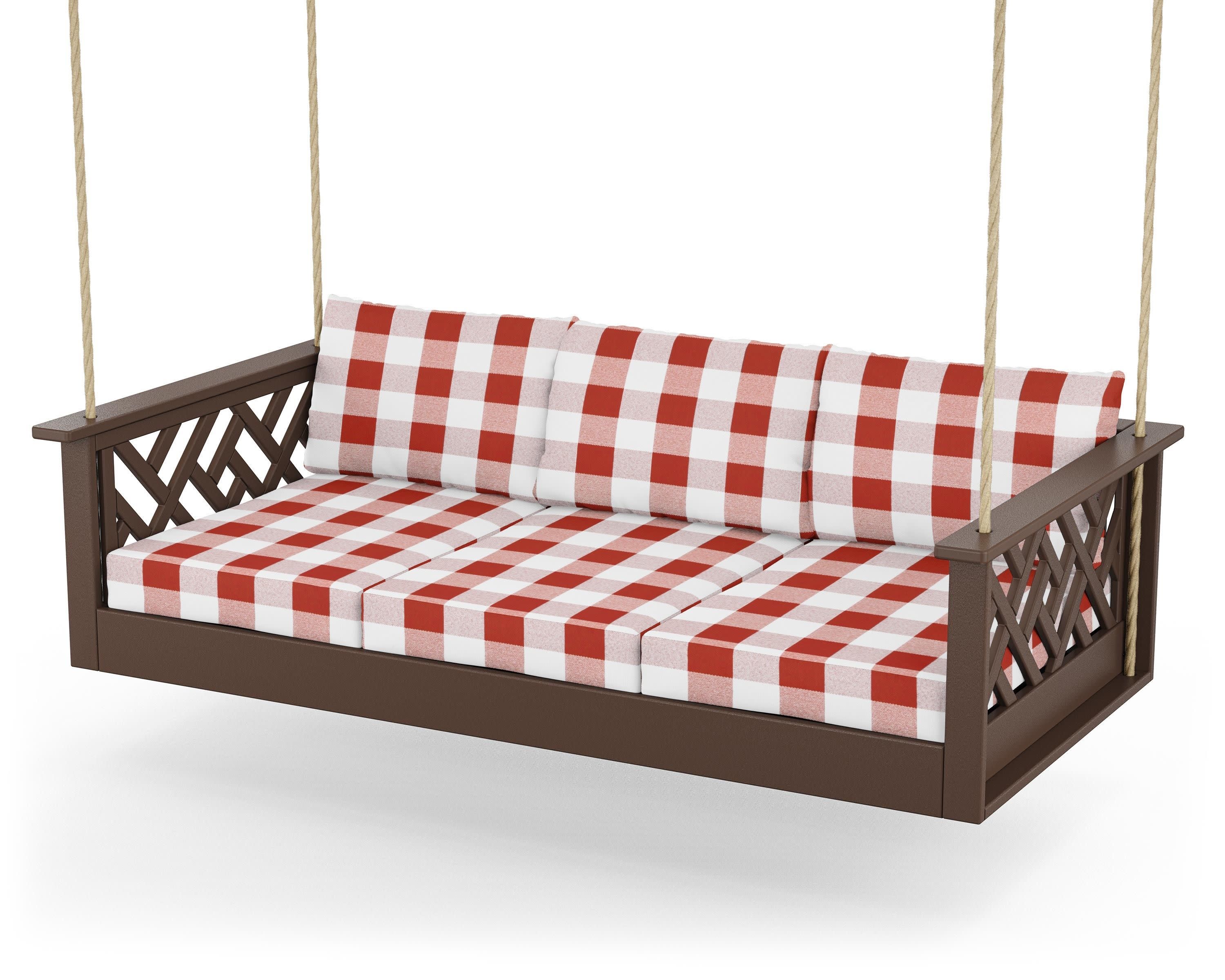 Chippendale Daybed Swing in Mahogany / Buffalo Plaid Crimson