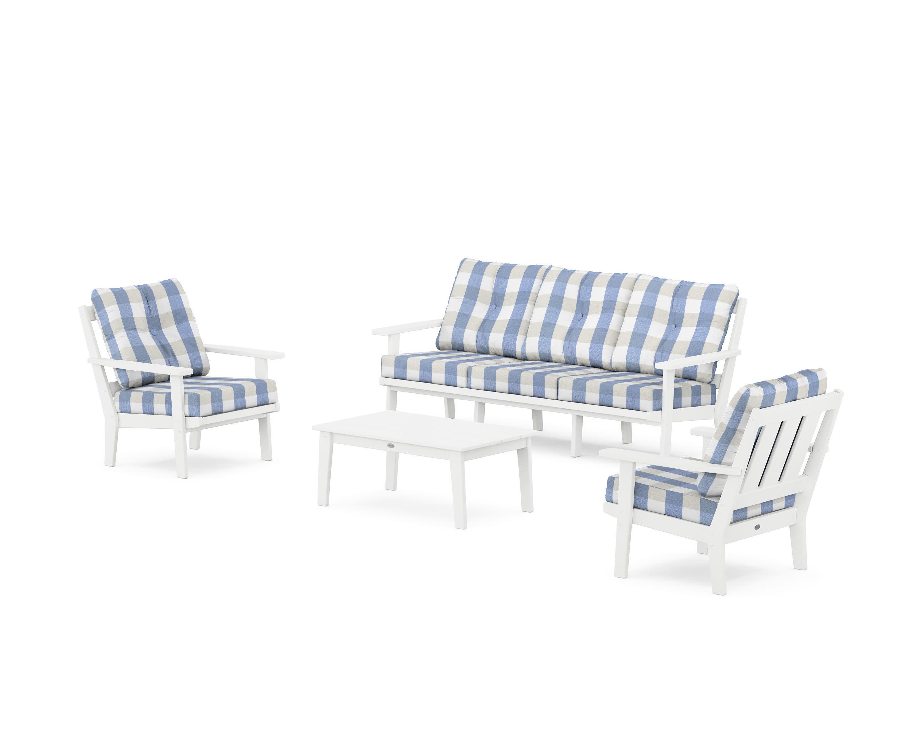 Oxford 4-Piece Deep Seating Set with Sofa in White / Buffalo Plaid Sky Blue