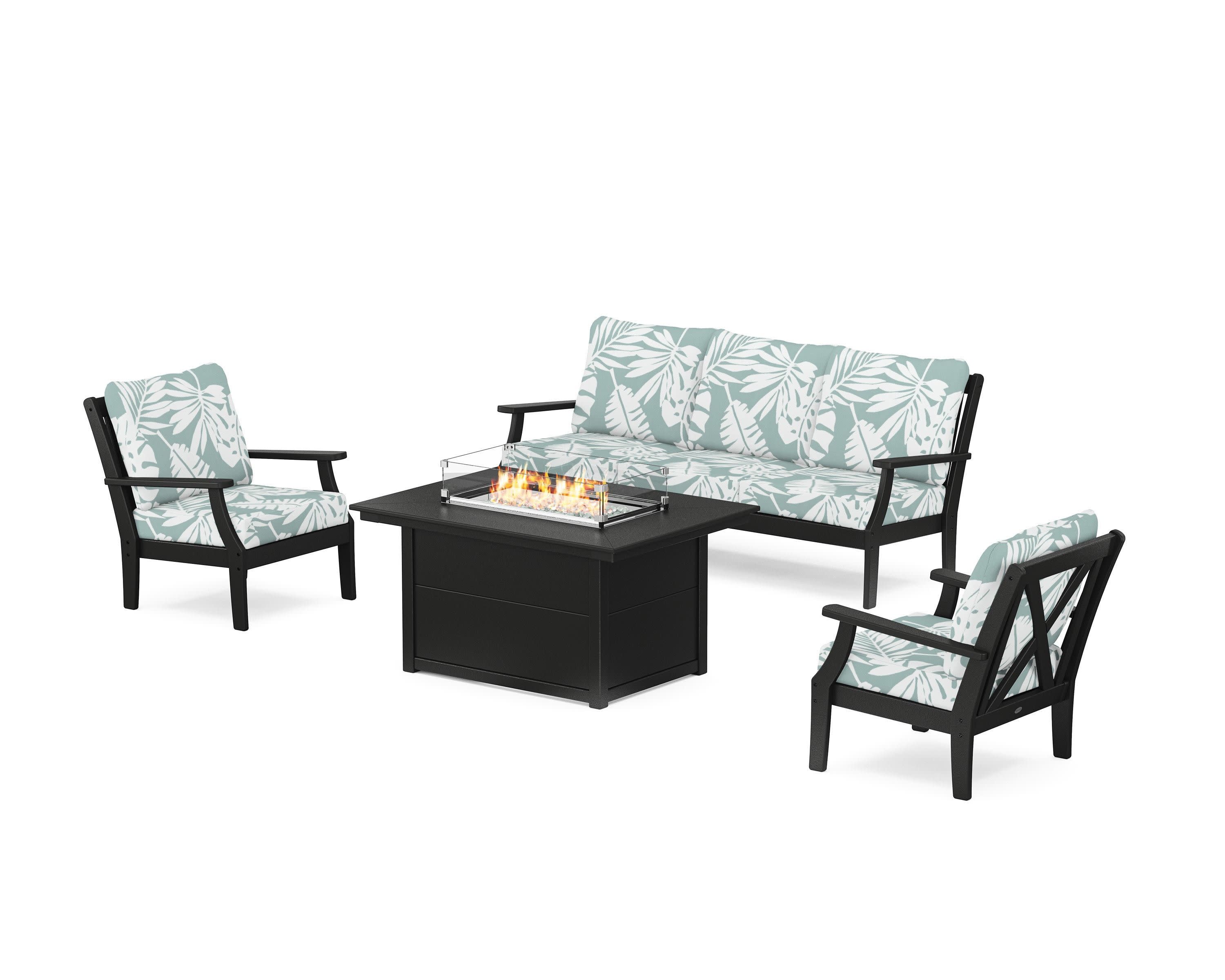 Braxton Deep Seating Fire Pit Table Set in Black / Leaf Glacier Spa