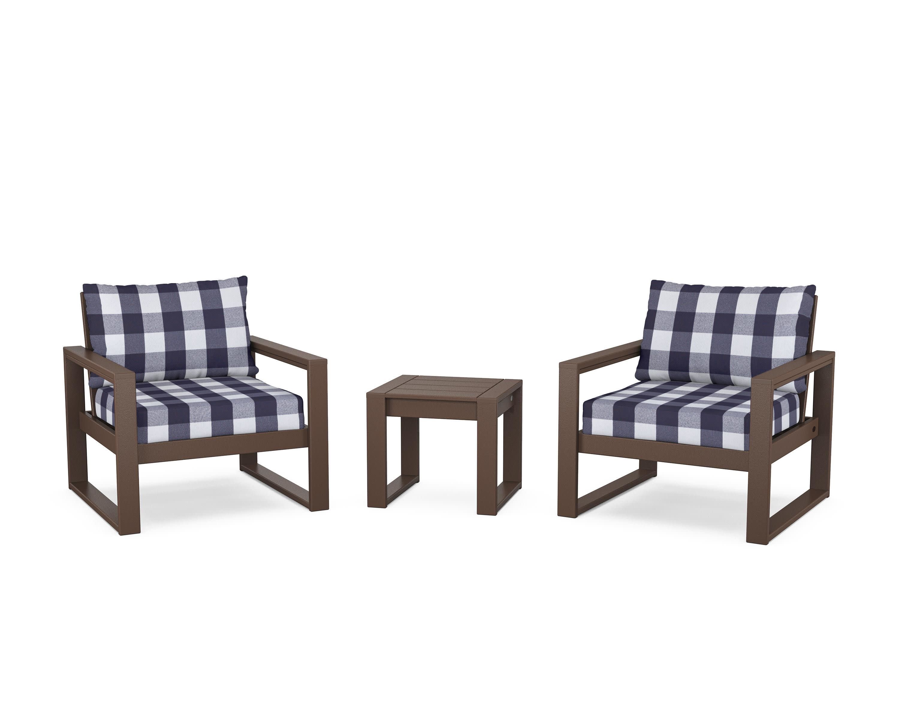 EDGE Sectional 3-Piece Deep Seating Set in Mahogany / Buffalo Plaid Navy