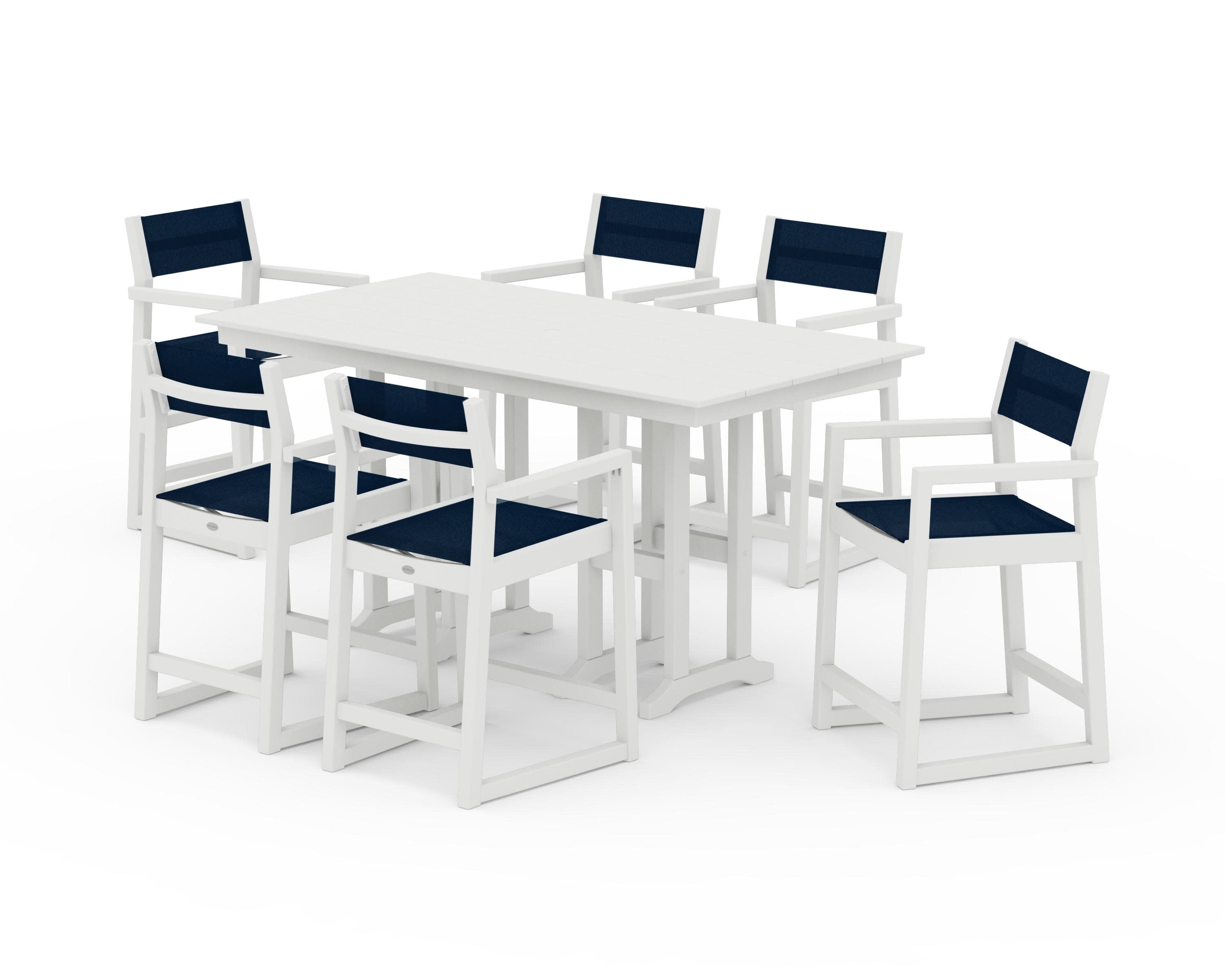 EDGE Sling Arm Chair 7-Piece Farmhouse Counter Set in Vintage White / Navy Blue Sling