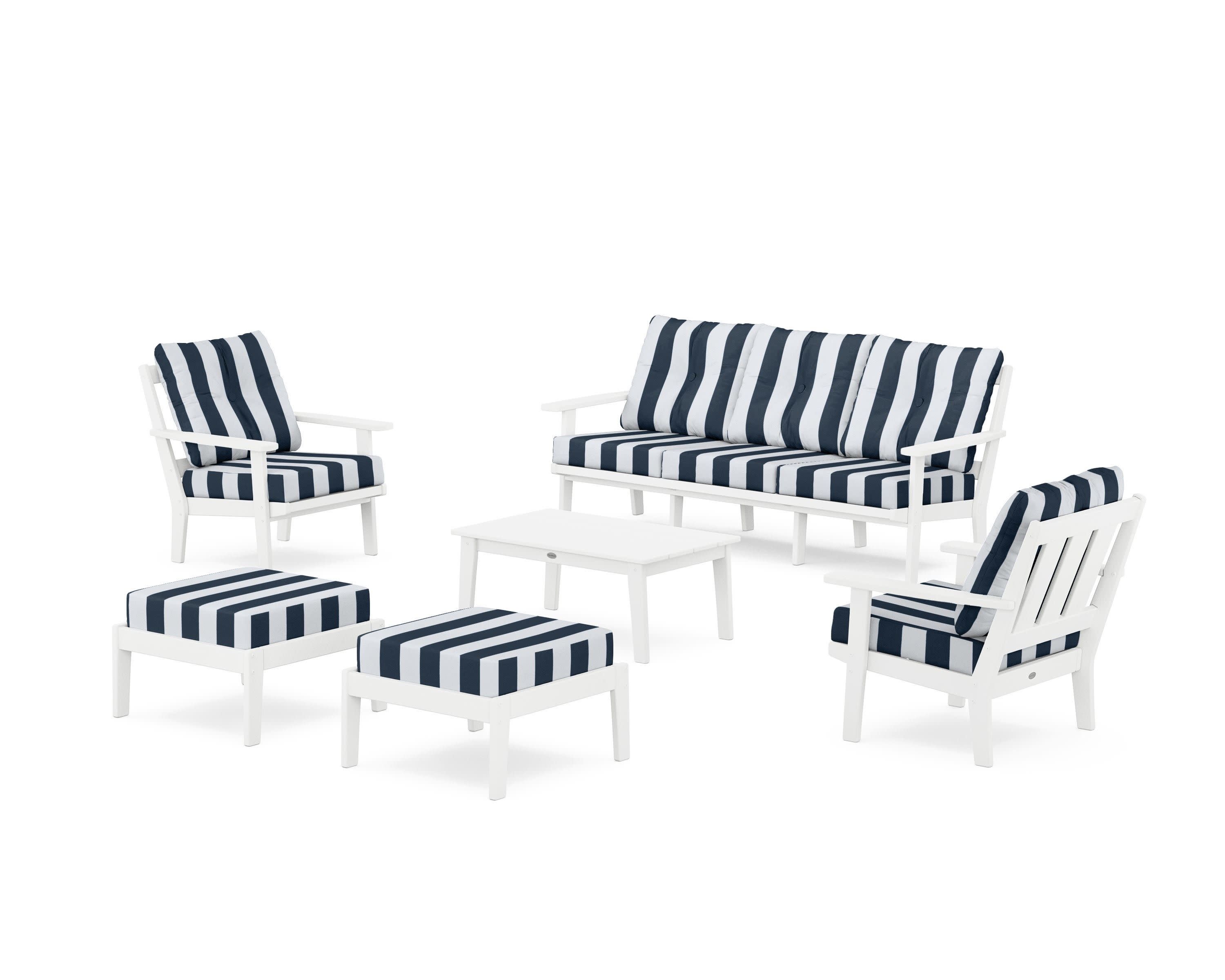 Oxford 6-Piece Lounge Sofa Set in White / Cabana Stripe Marine Indigo