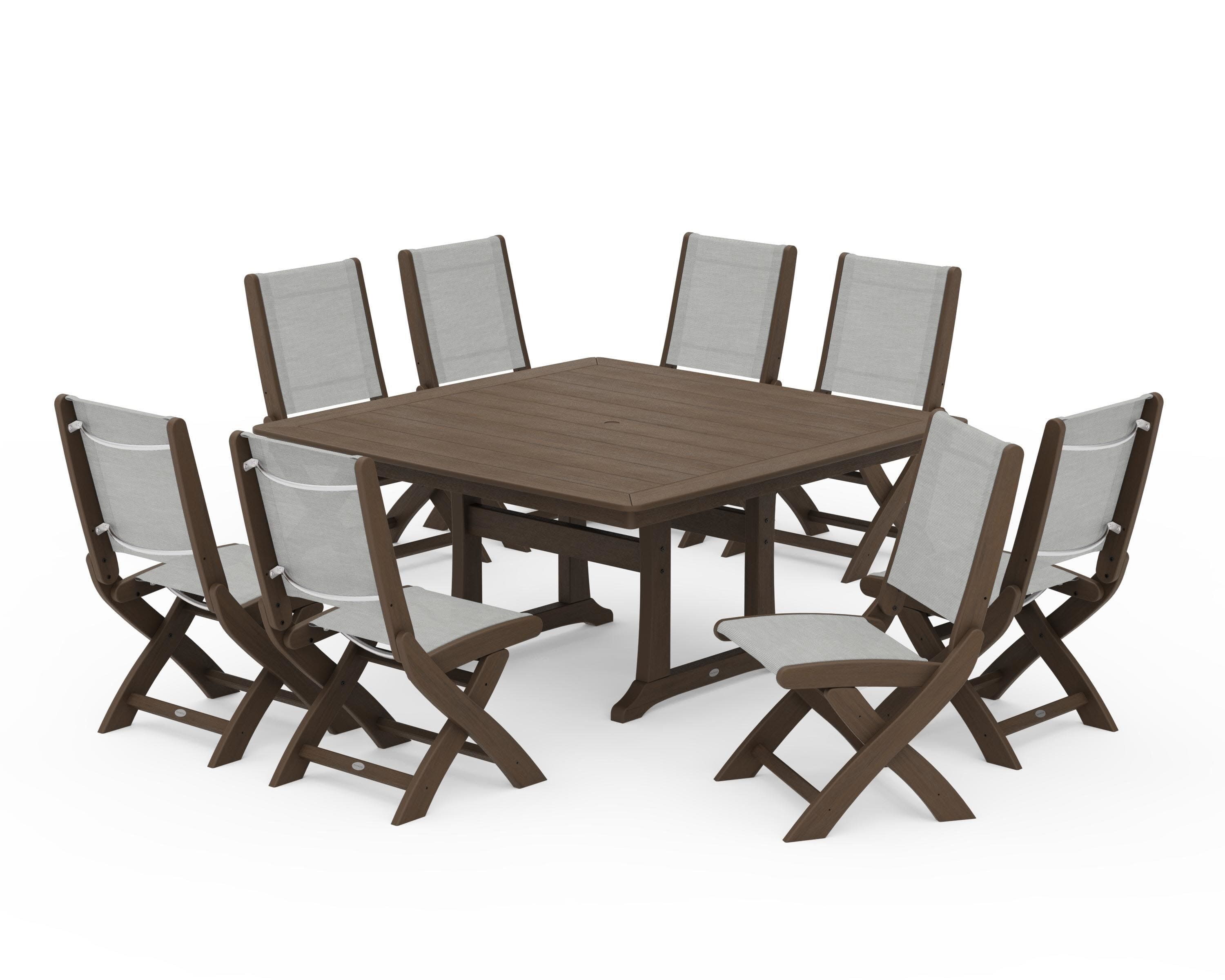 Coastal Folding Side Chair 9-Piece Dining Set with Trestle Legs in Kona / Metallic Sling