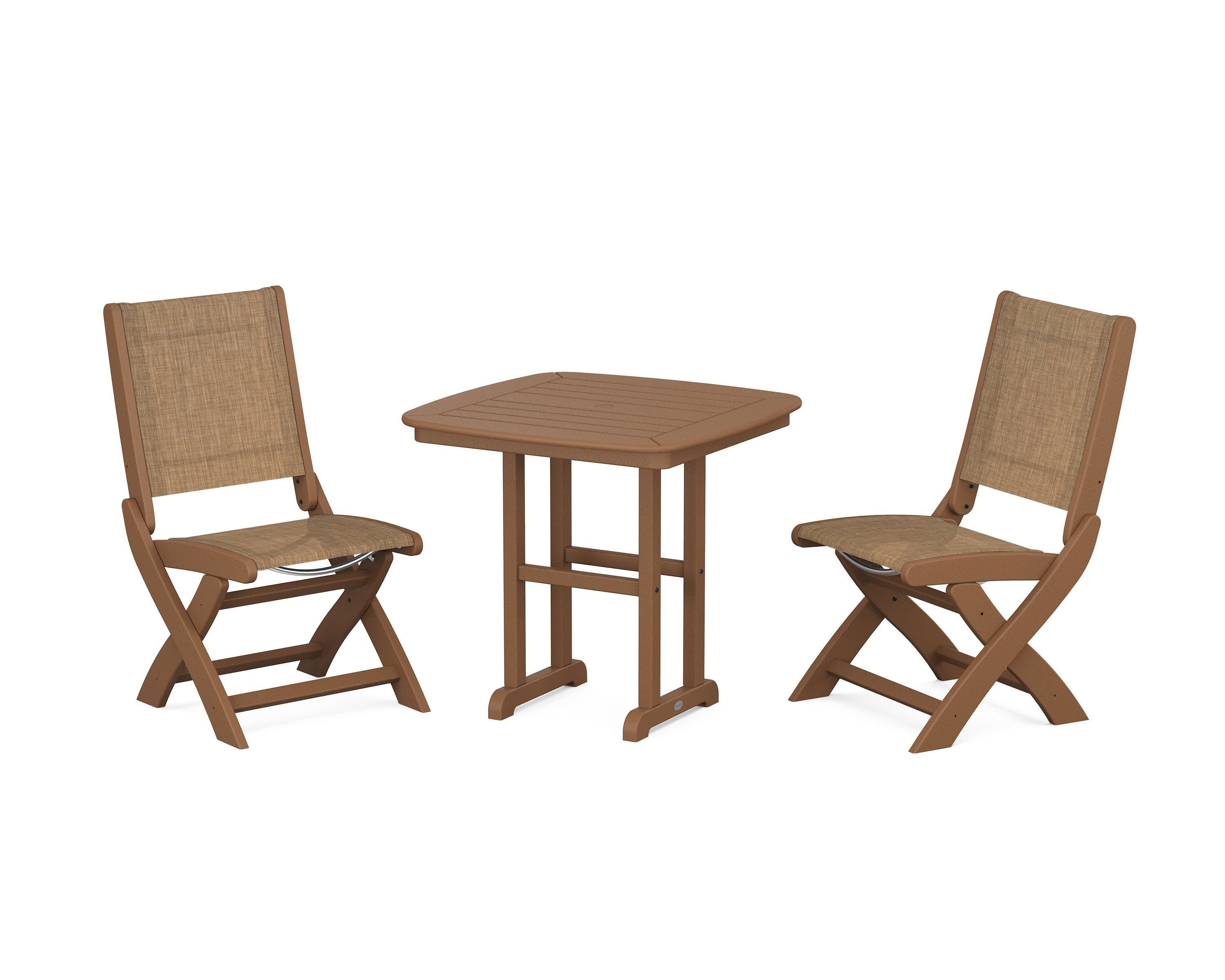 Coastal Folding Side Chair 3-Piece Dining Set in Teak / Burlap Sling