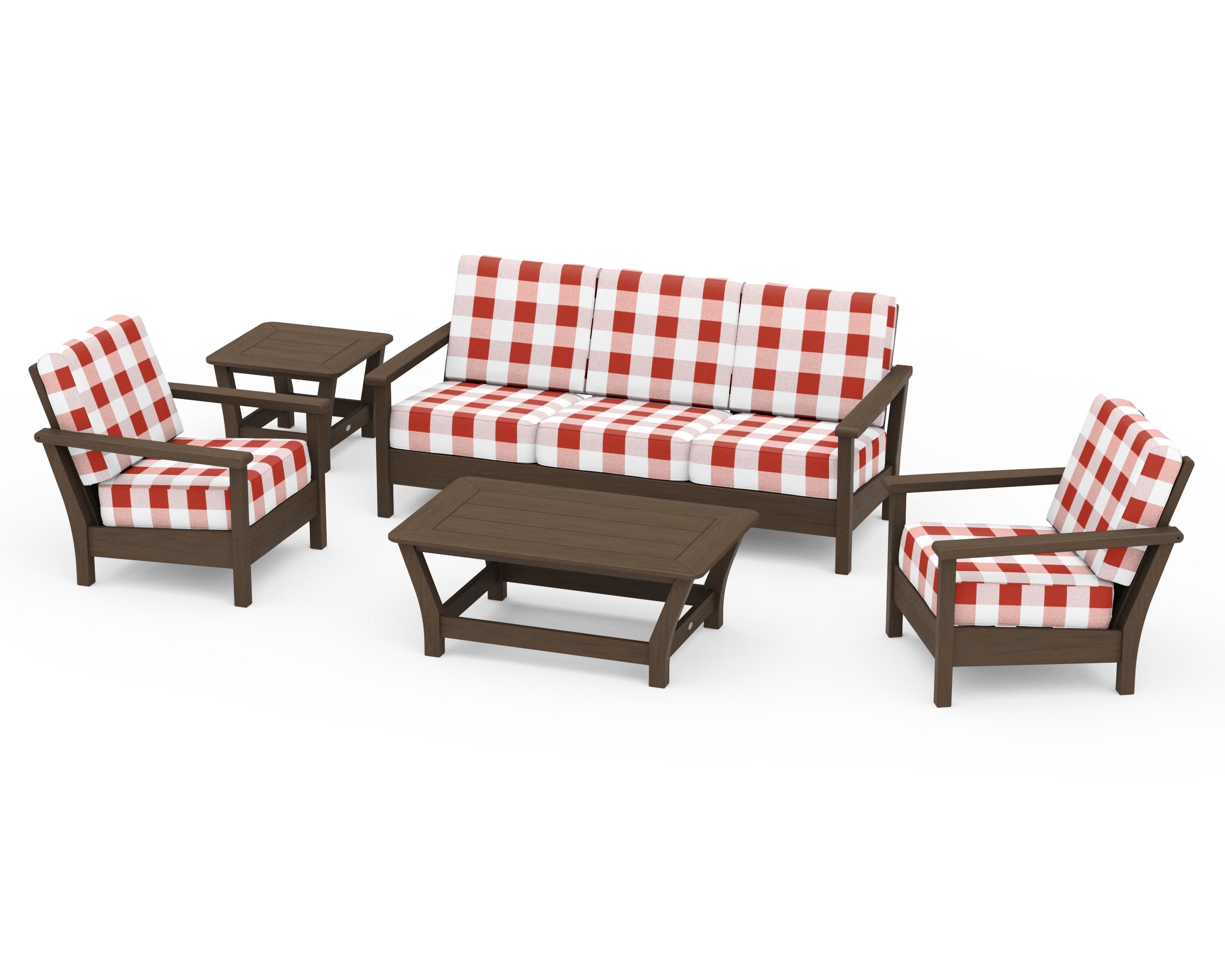 Harbour 5-Piece Deep Seating Set in Kona / Buffalo Plaid Crimson