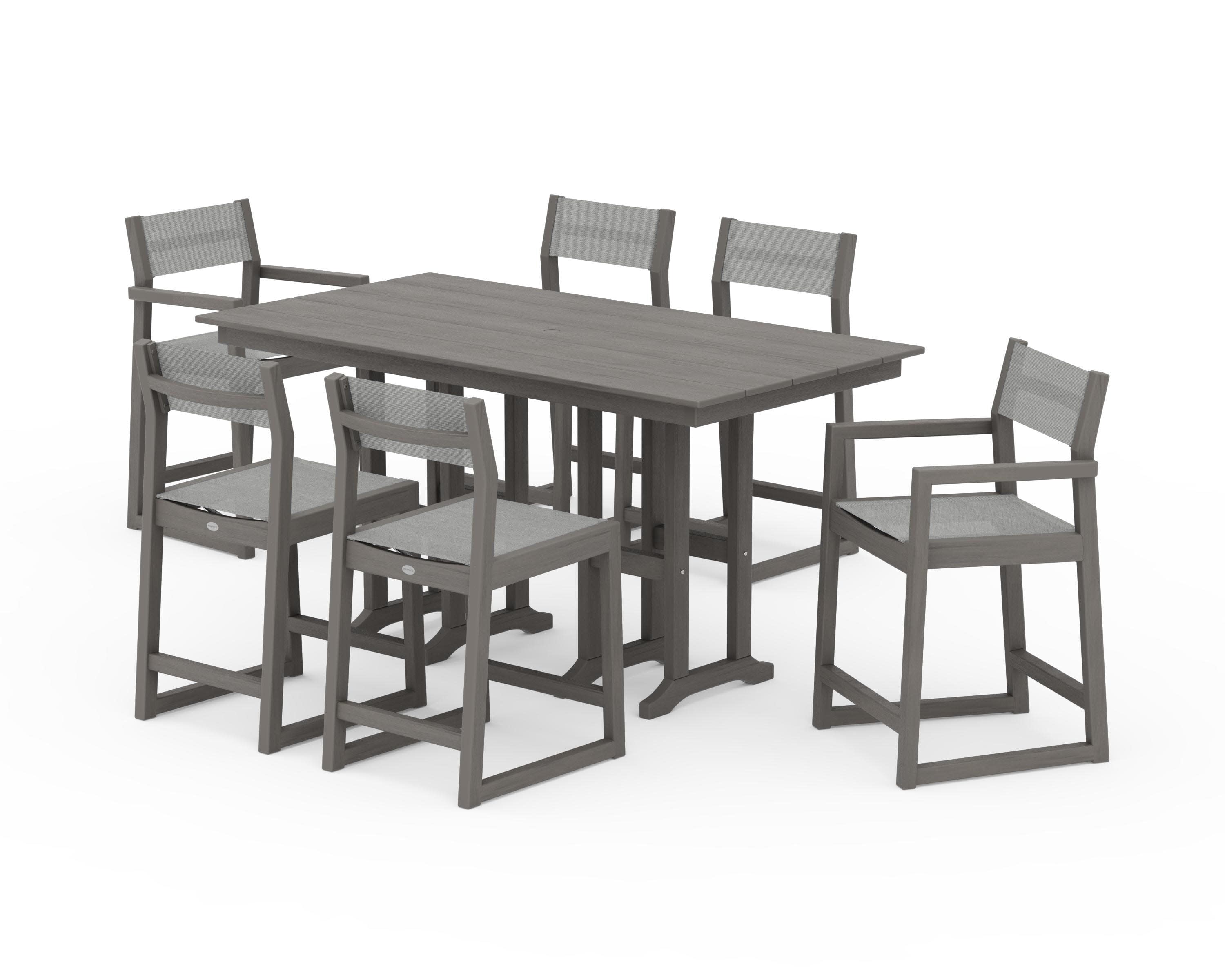 EDGE Sling 7-Piece Farmhouse Counter Set with Trestle Legs in Driftwood / Metallic Sling