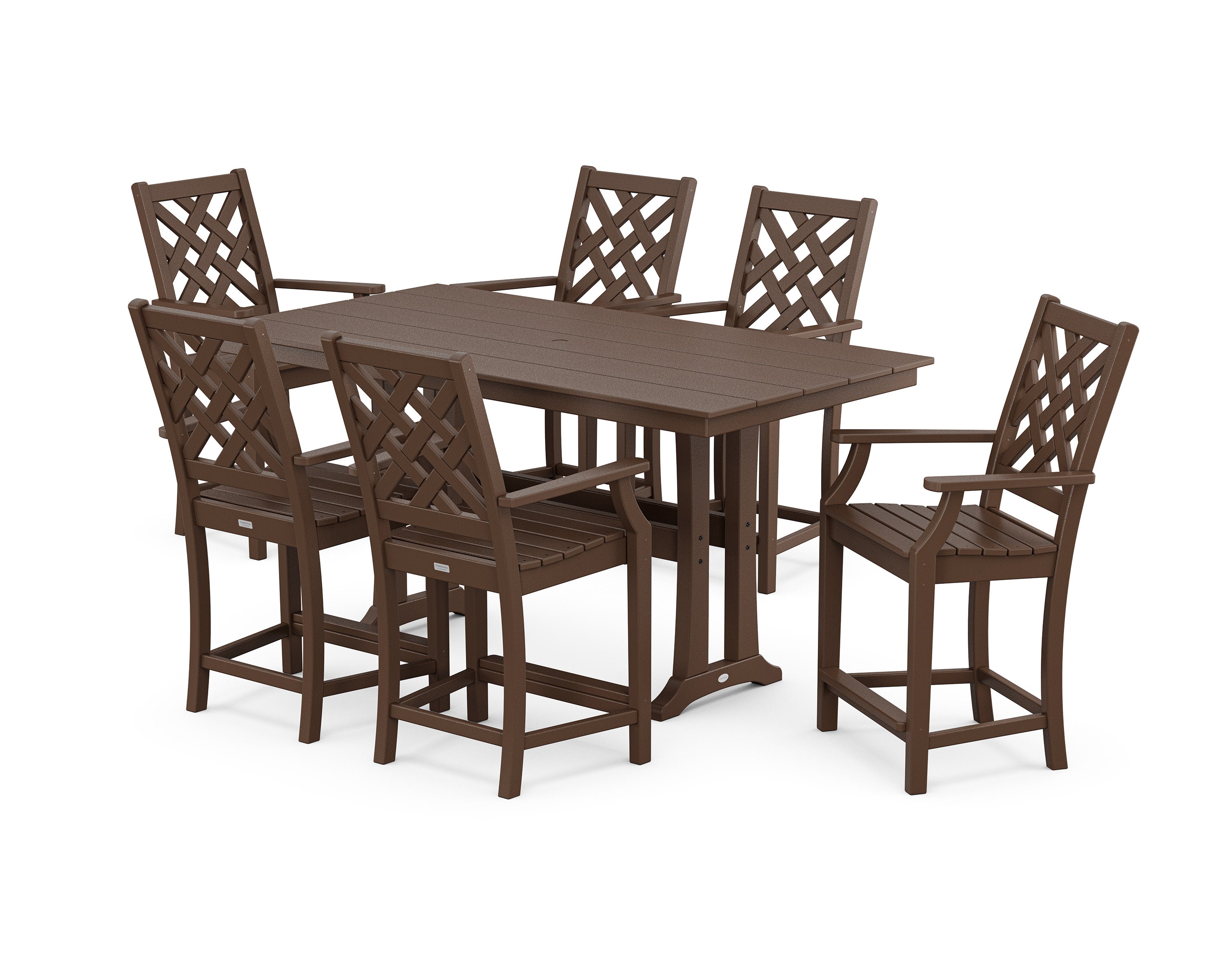 Wovendale Arm Chair 7-Piece Farmhouse Counter Set with Trestle Legs in Mahogany