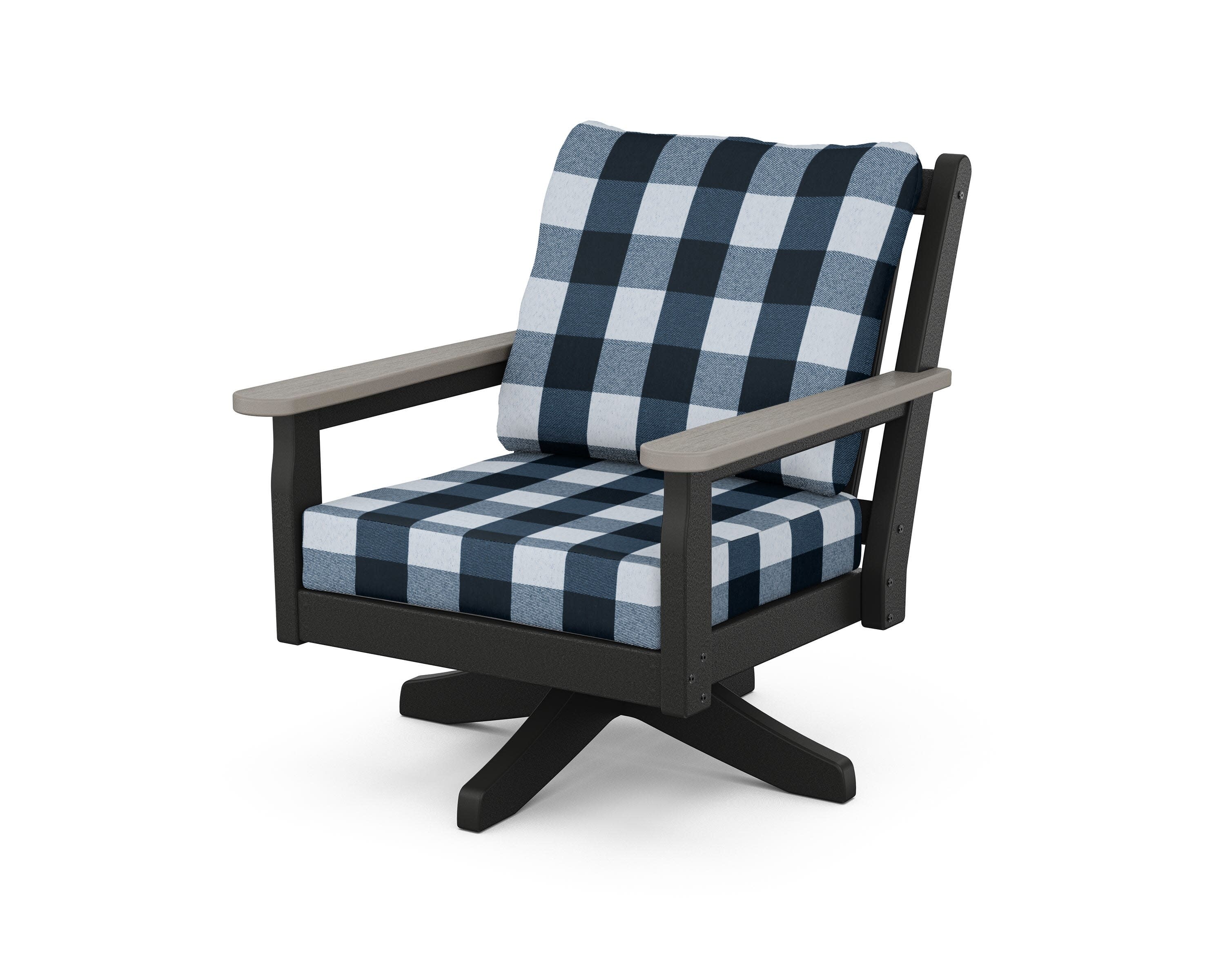 Chippendale Deep Seating Swivel Chair in Black / Driftwood / Buffalo Plaid Marine Indigo