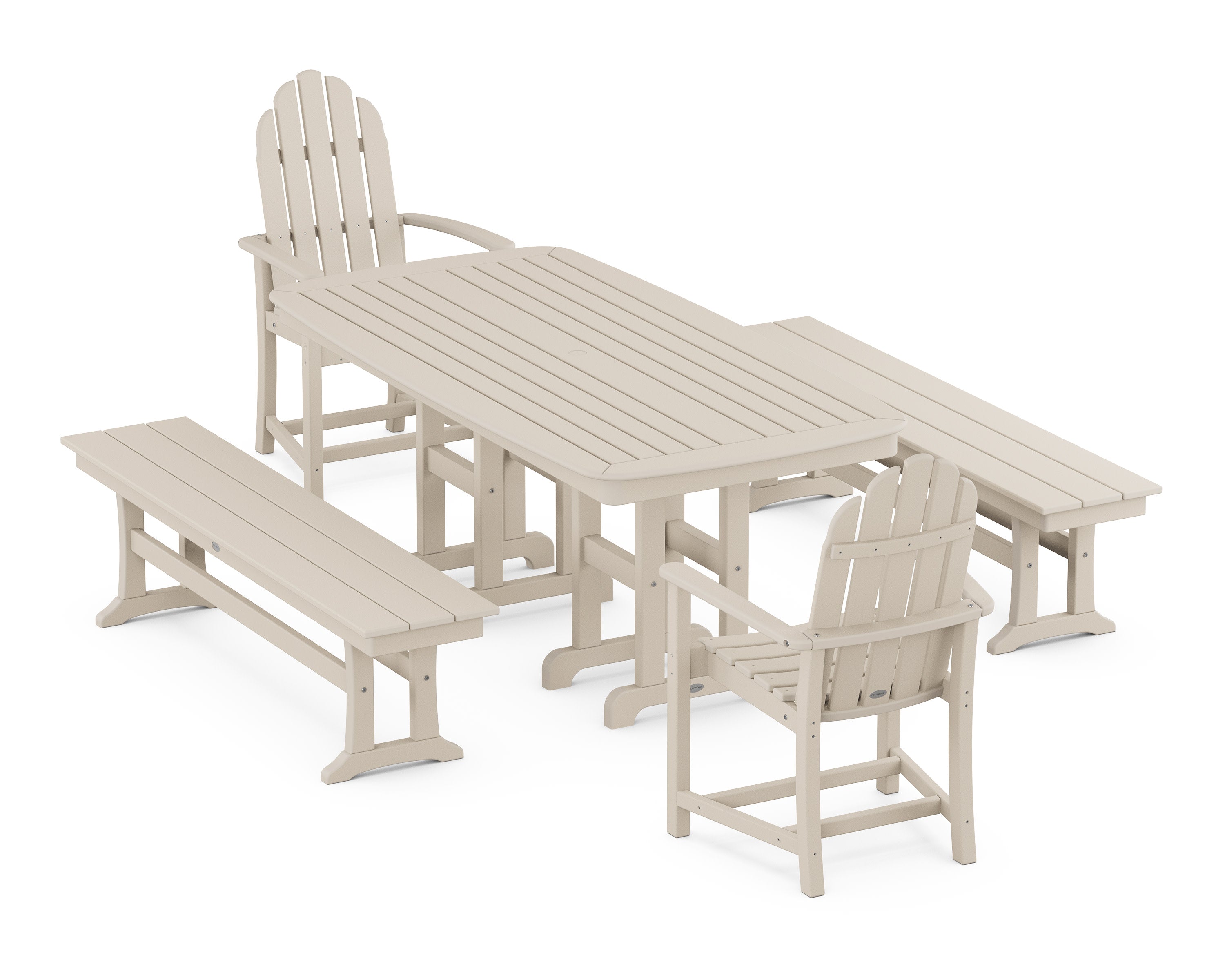 Classic Adirondack 5-Piece Dining Set with Benches in Sand