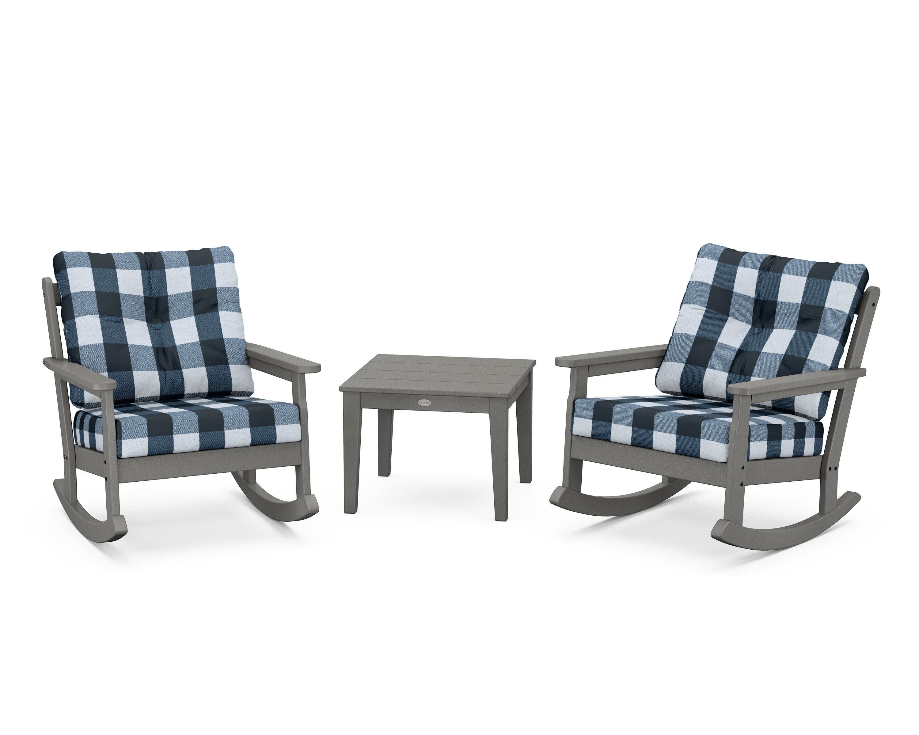 Vineyard 3-Piece Deep Seating Rocker Set in Slate Grey / Buffalo Plaid Marine Indigo