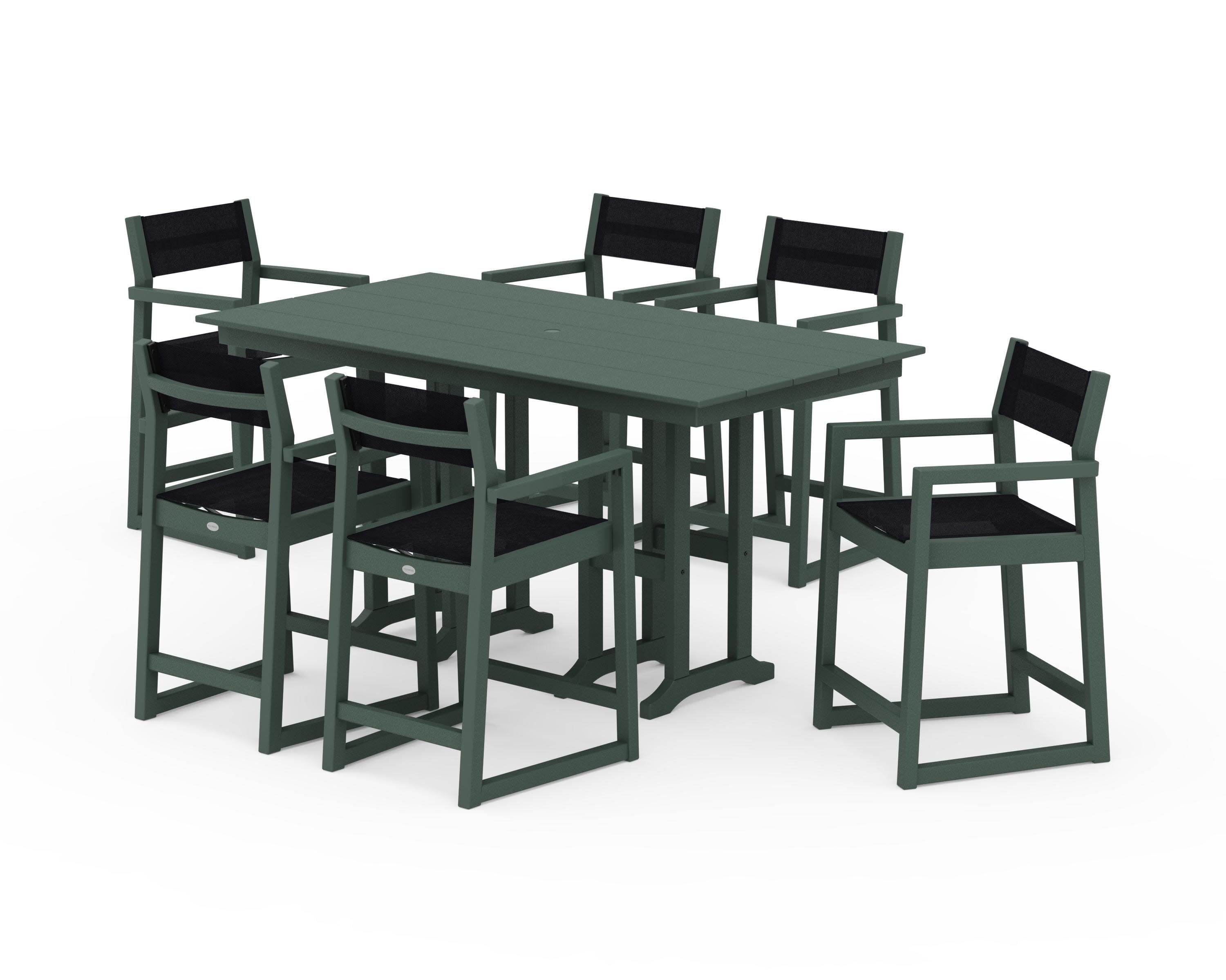 EDGE Sling Arm Chair 7-Piece Farmhouse Counter Set in Green / Black Sling