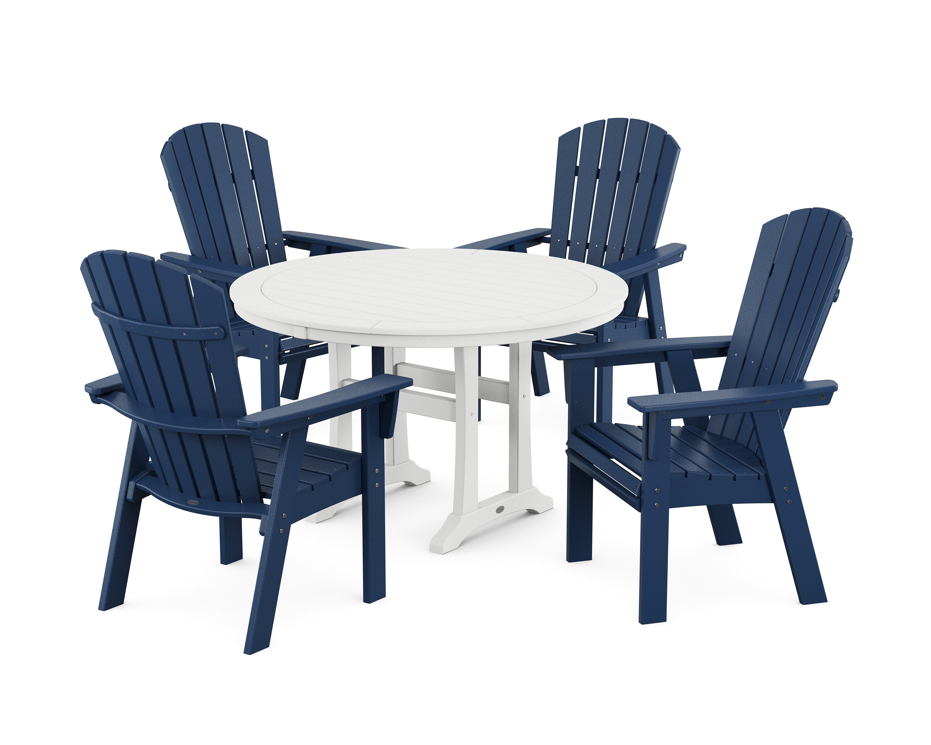 Nautical Curveback Adirondack 5-Piece Round Dining Set with Trestle Legs in Navy / White