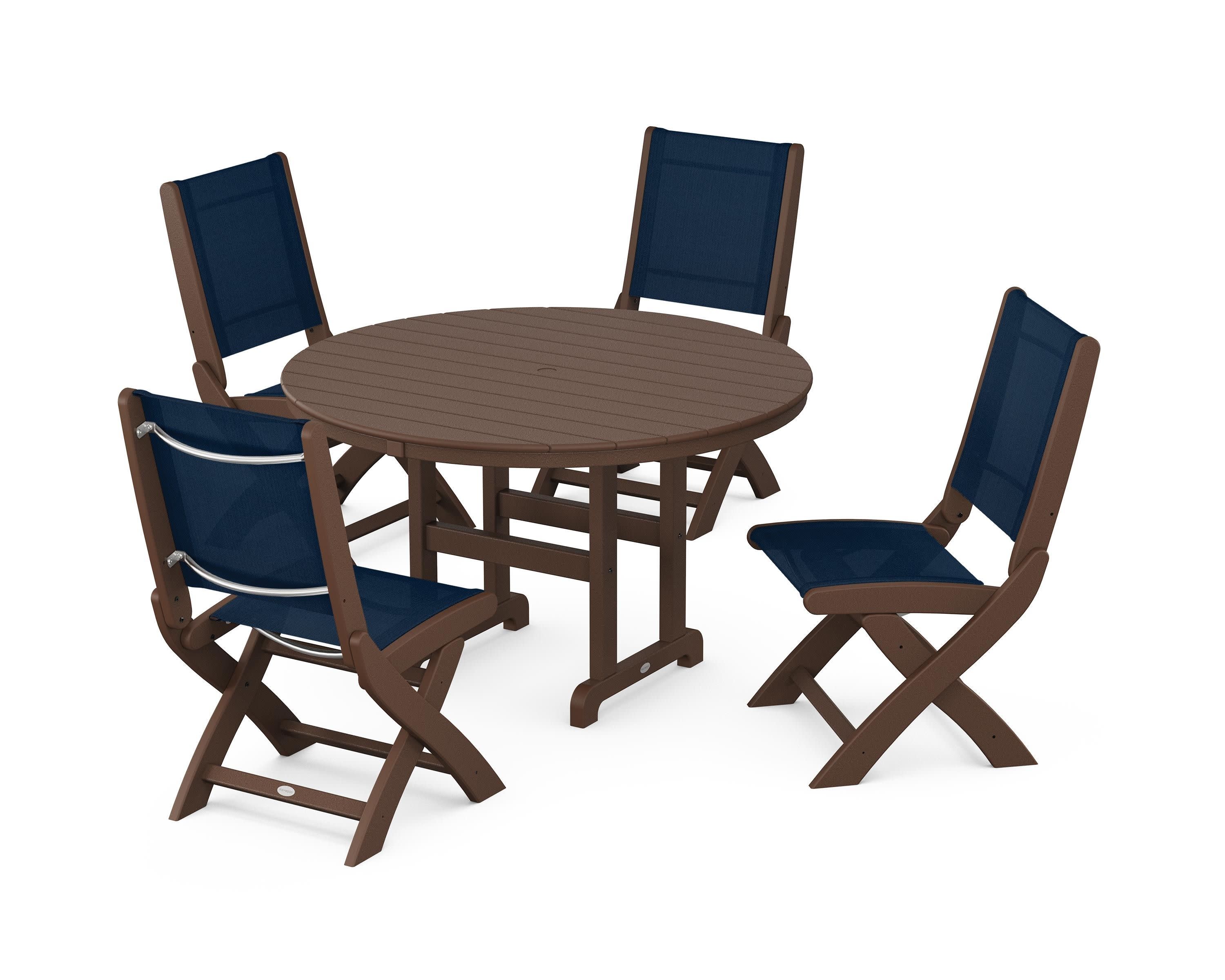 Coastal Folding Side Chair 5-Piece Round Dining Set in Mahogany / Navy Blue Sling