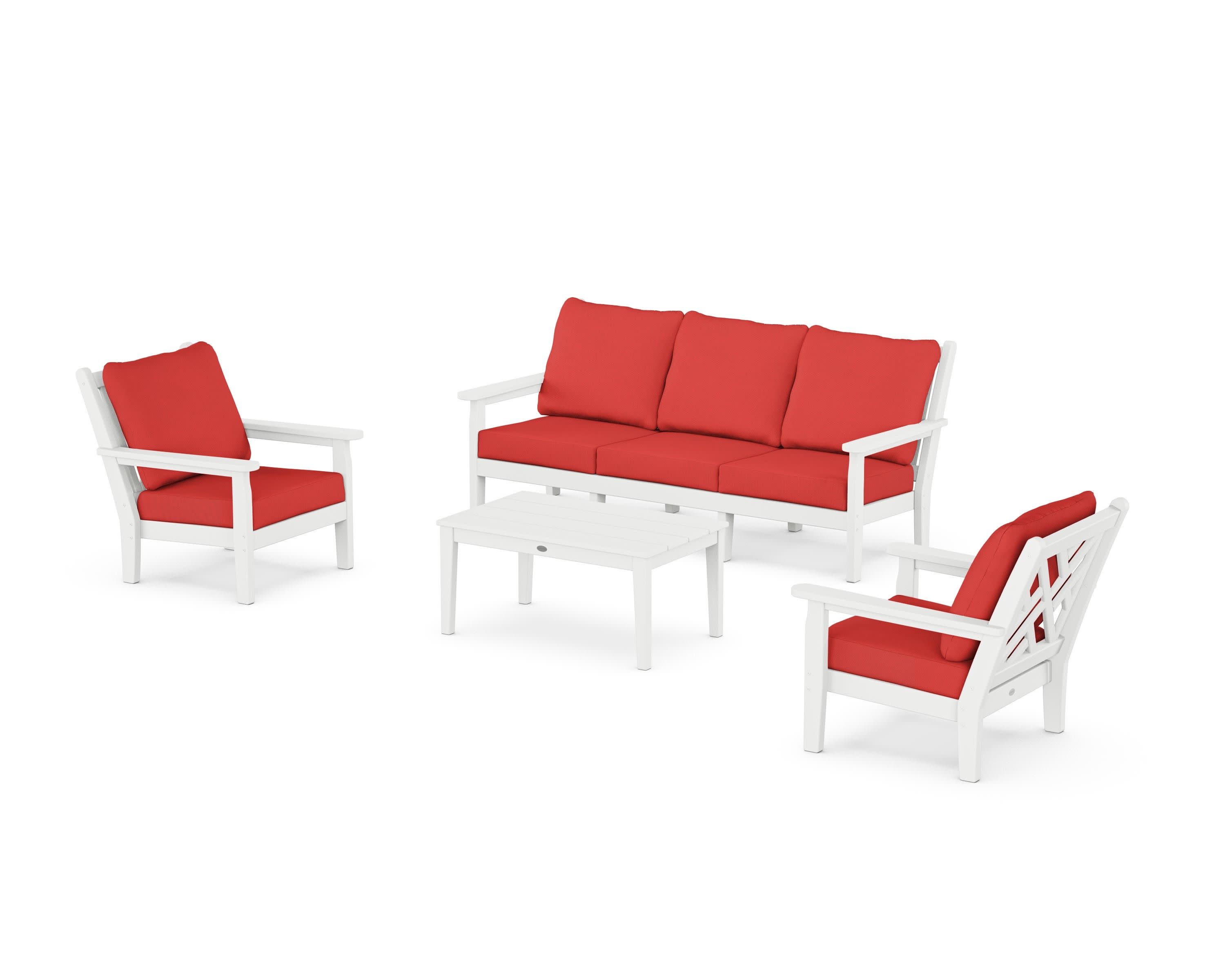 Chippendale 4-Piece Deep Seating Set with Sofa in White / Crimson Linen