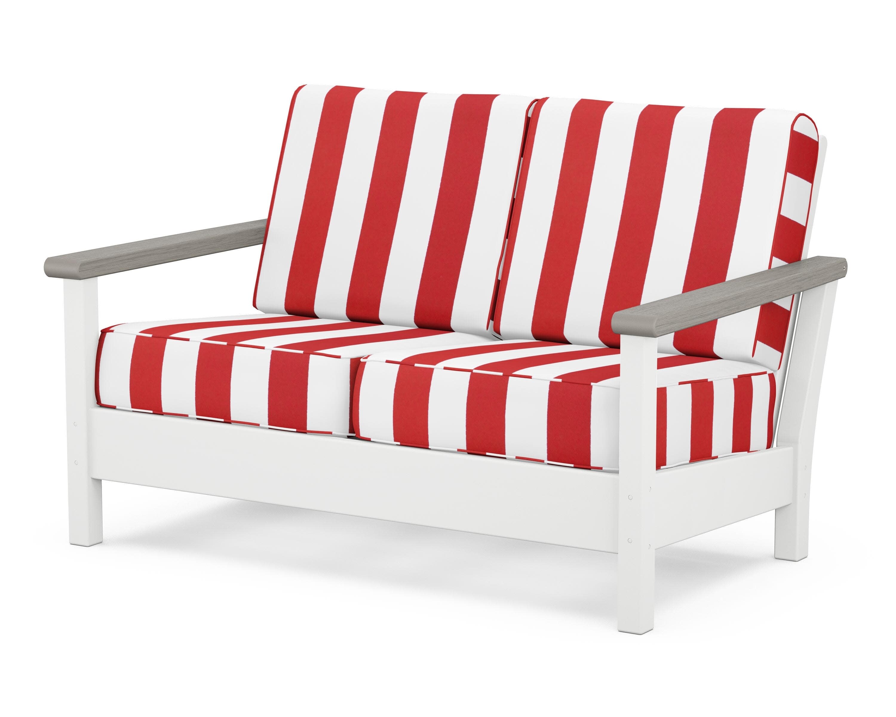 Harbour Deep Seating Loveseat in White / Driftwood / Cabana Stripe Crimson