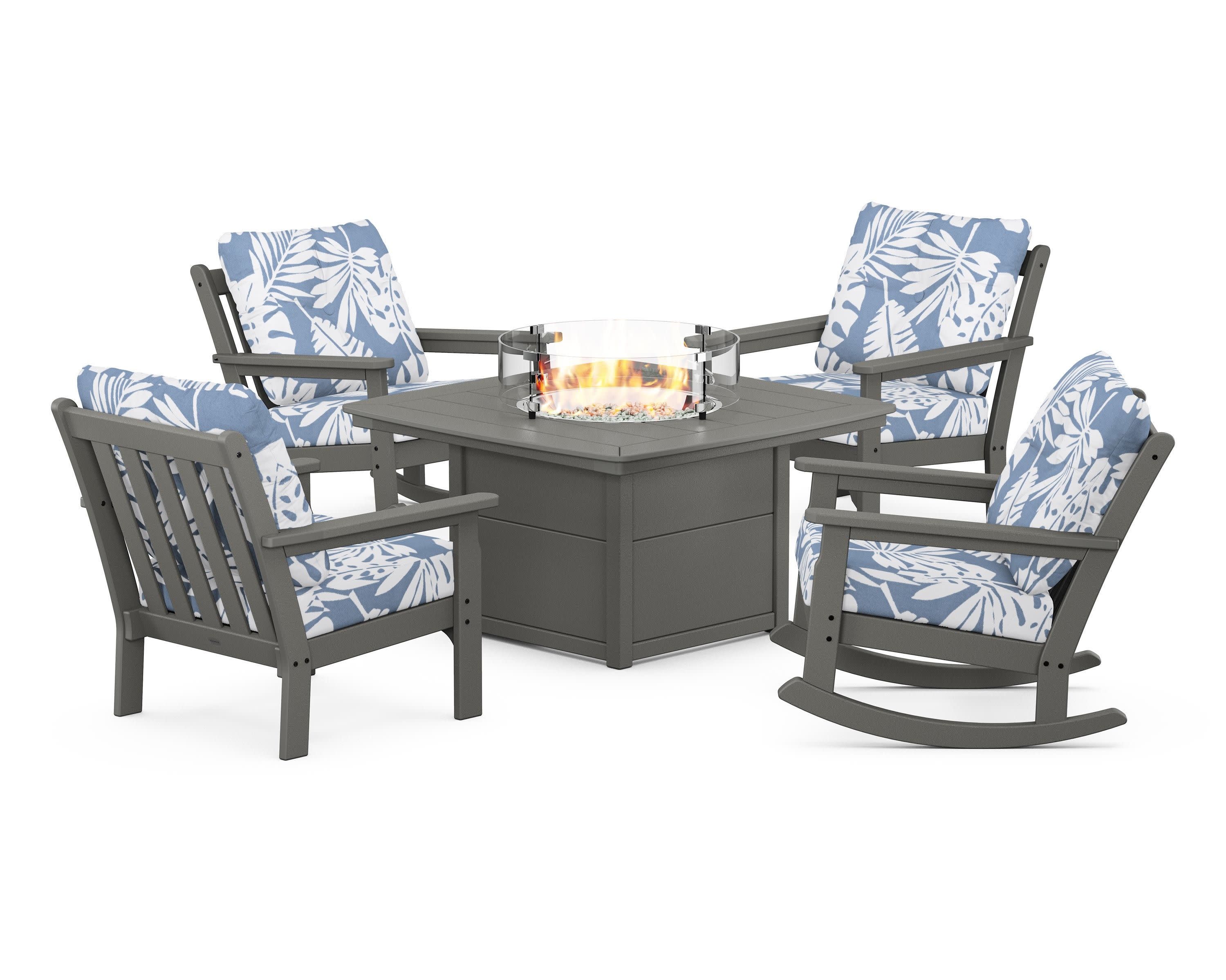 Vineyard 5-Piece Deep Seating Rocking Chair Conversation Set with Fire Pit Table in Slate Grey / Leaf Sky Blue