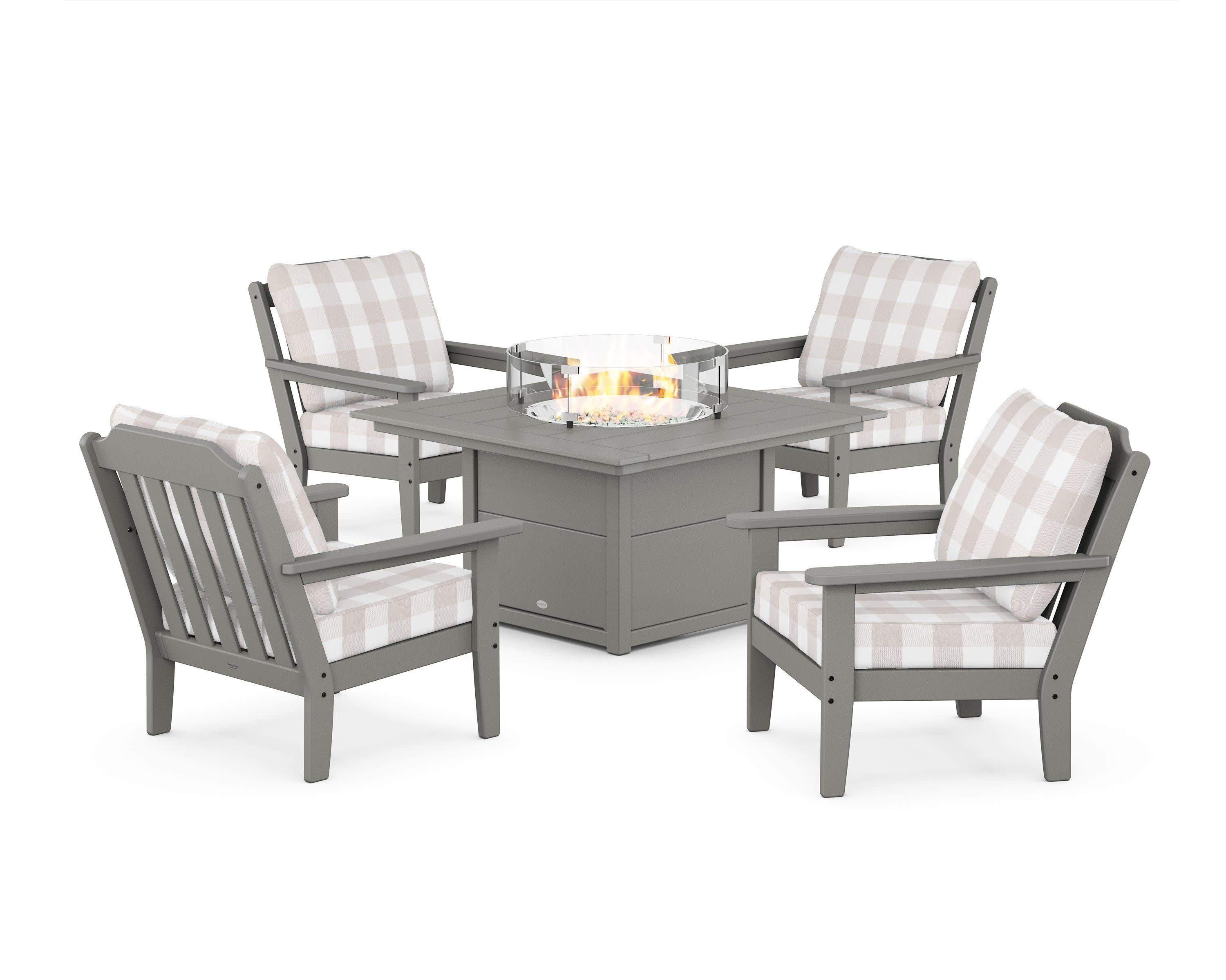 Cottage 5-Piece Deep Seating Set with Fire Pit Table in Slate Grey / Buffalo Plaid Dune Burlap