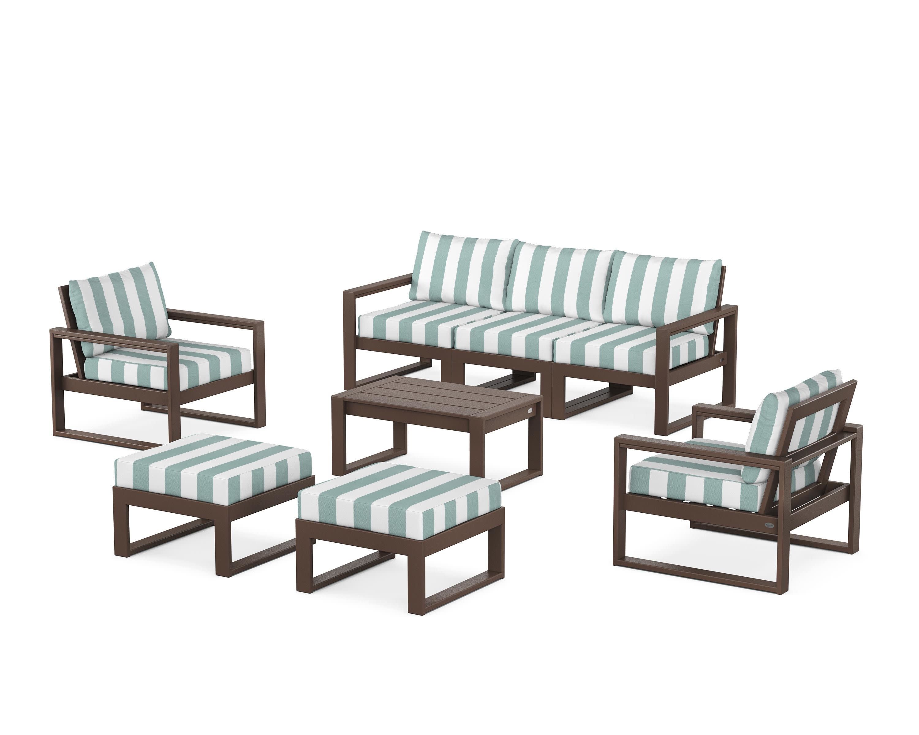 EDGE Sectional 8-Piece Lounge Sofa Set in Mahogany / Cabana Stripe Glacier Spa