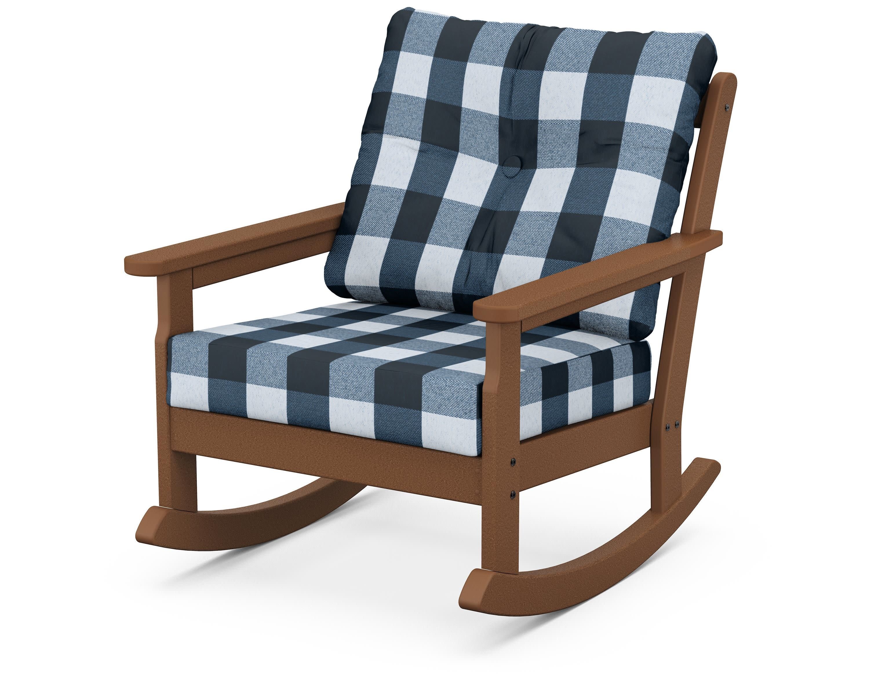 Vineyard Deep Seating Rocking Chair in Teak / Buffalo Plaid Marine Indigo