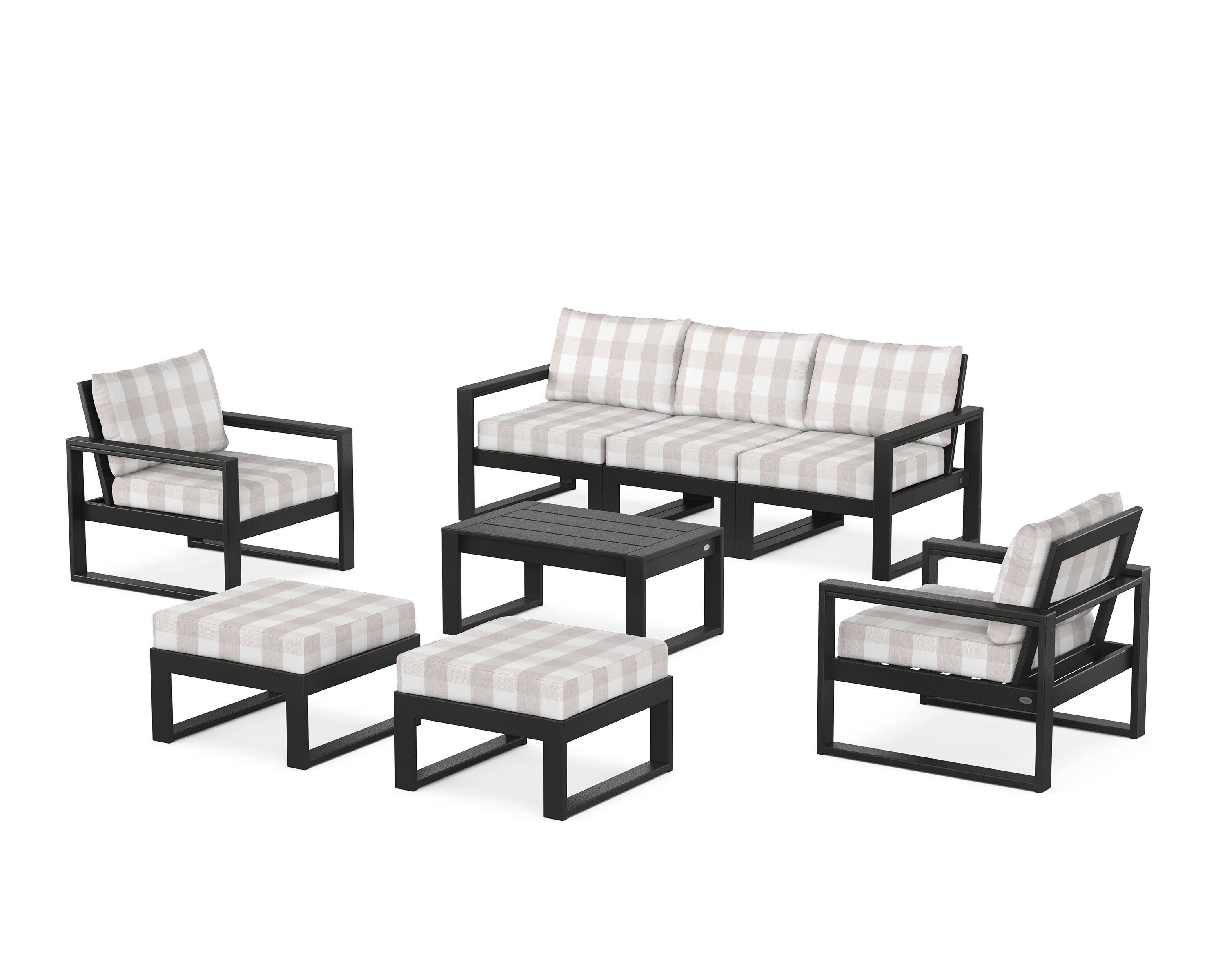 EDGE Sectional 8-Piece Lounge Sofa Set in Black / Buffalo Plaid Dune Burlap