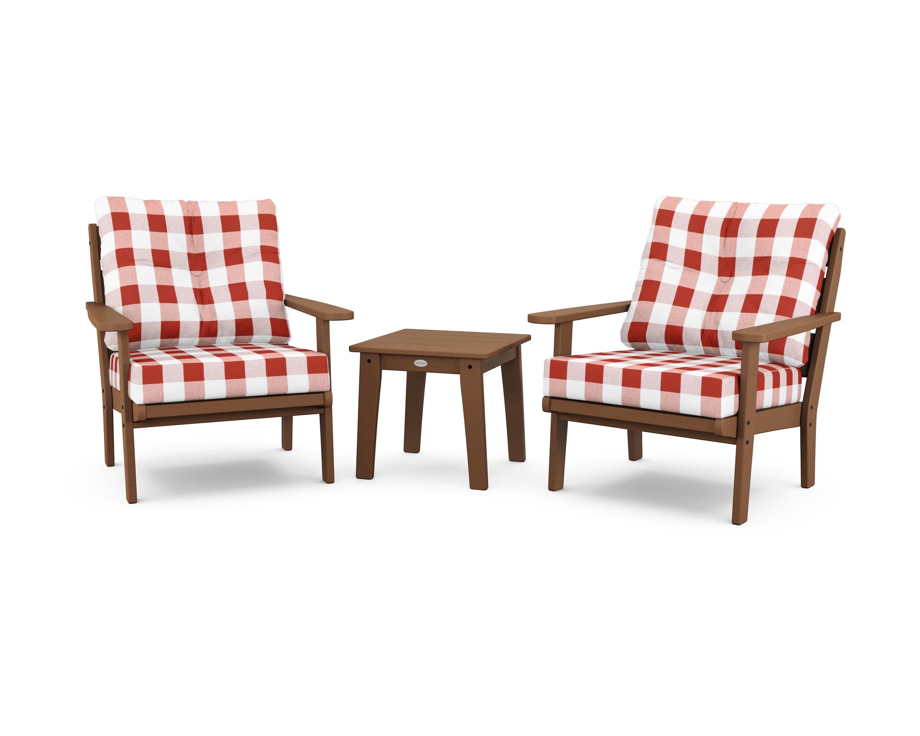 Lakeside 3-Piece Deep Seating Chair Set in Teak / Buffalo Plaid Crimson
